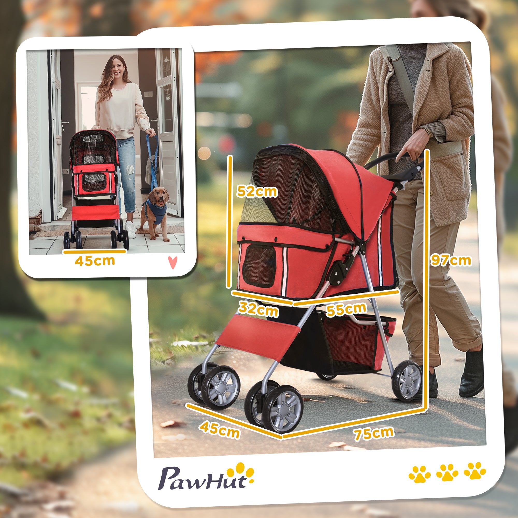 PawHut Pet Stroller, Dog Pram, Foldable Pushchair, Cat Travel Carriage with Wheels, Zipper Entry, for Small Pets, Red