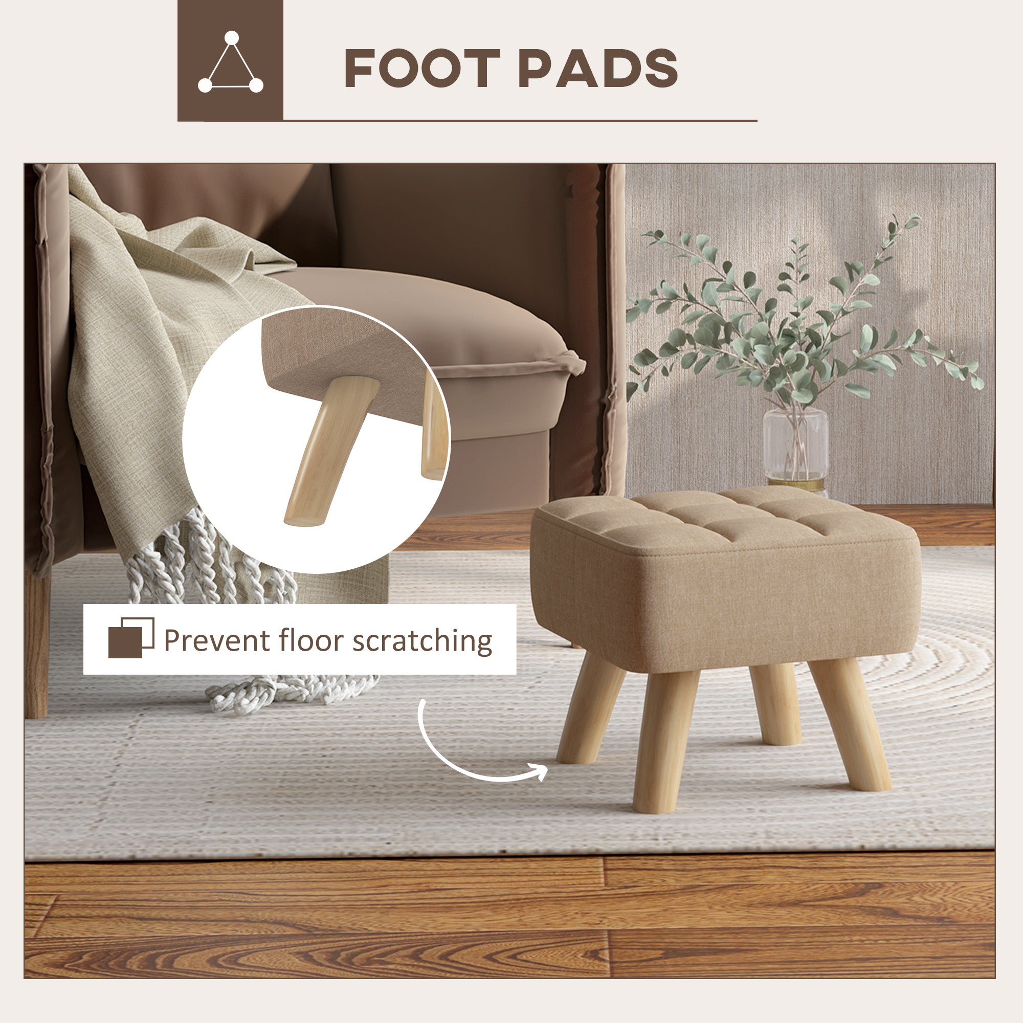 HOMCOM Modern Tufted Footstool, Fabric Foot Stool with Rubber Wood Legs, Padded Seat, for Living Room, Bedroom, Entryway, Light Brown - North Peak Garden Furniture