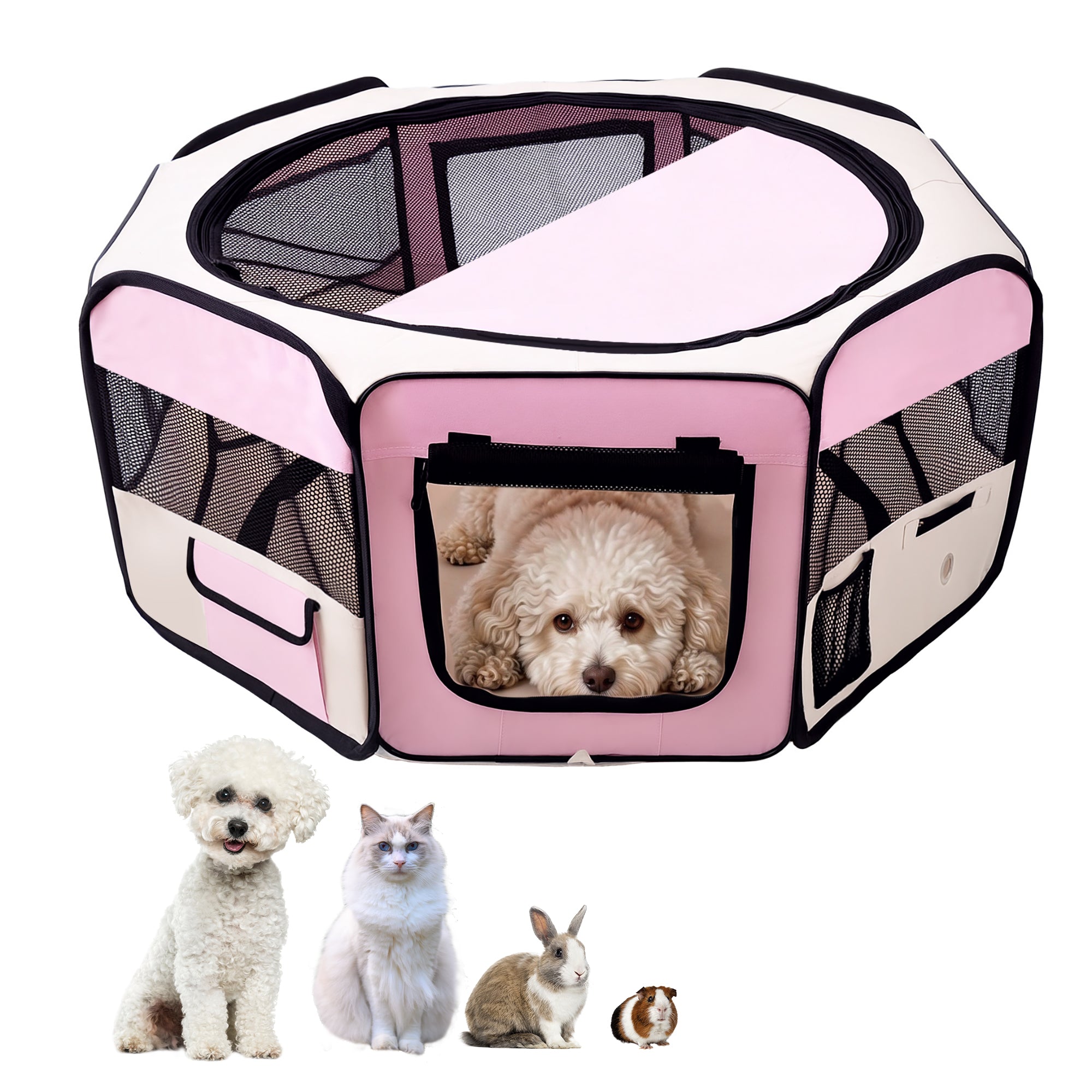 PawHut Portable Cat Dog Playpen Pet Puppy Rabbit Guinea Pig Pen Run Dia 90 x 41H cm Indoor & Outdoor Pink