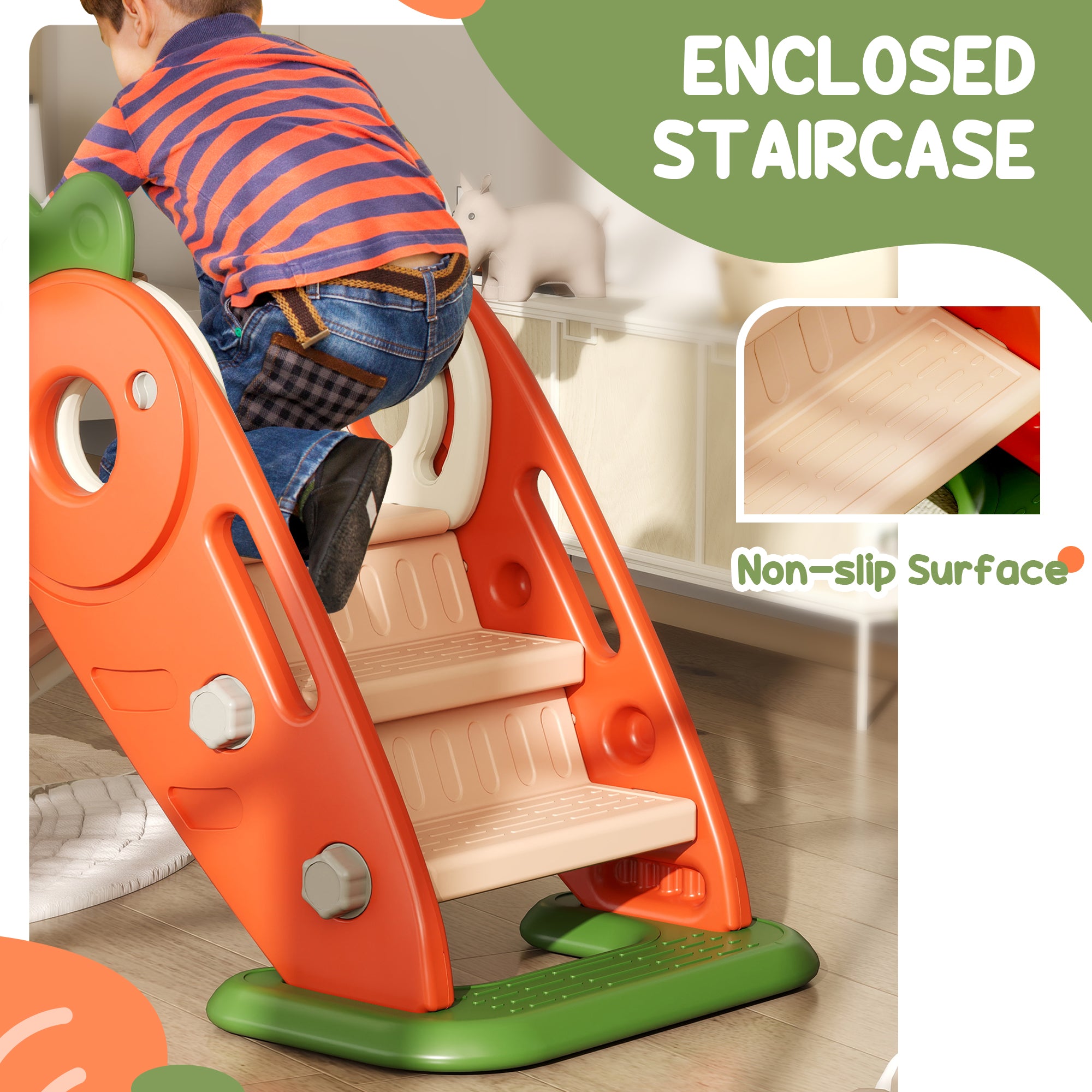 AIYAPLAY 3 in 1 Foldable Toddler Slide with Basketball Hoop, Climber, Carrot-themed, for 1-3 Years - North Peak Garden Furniture