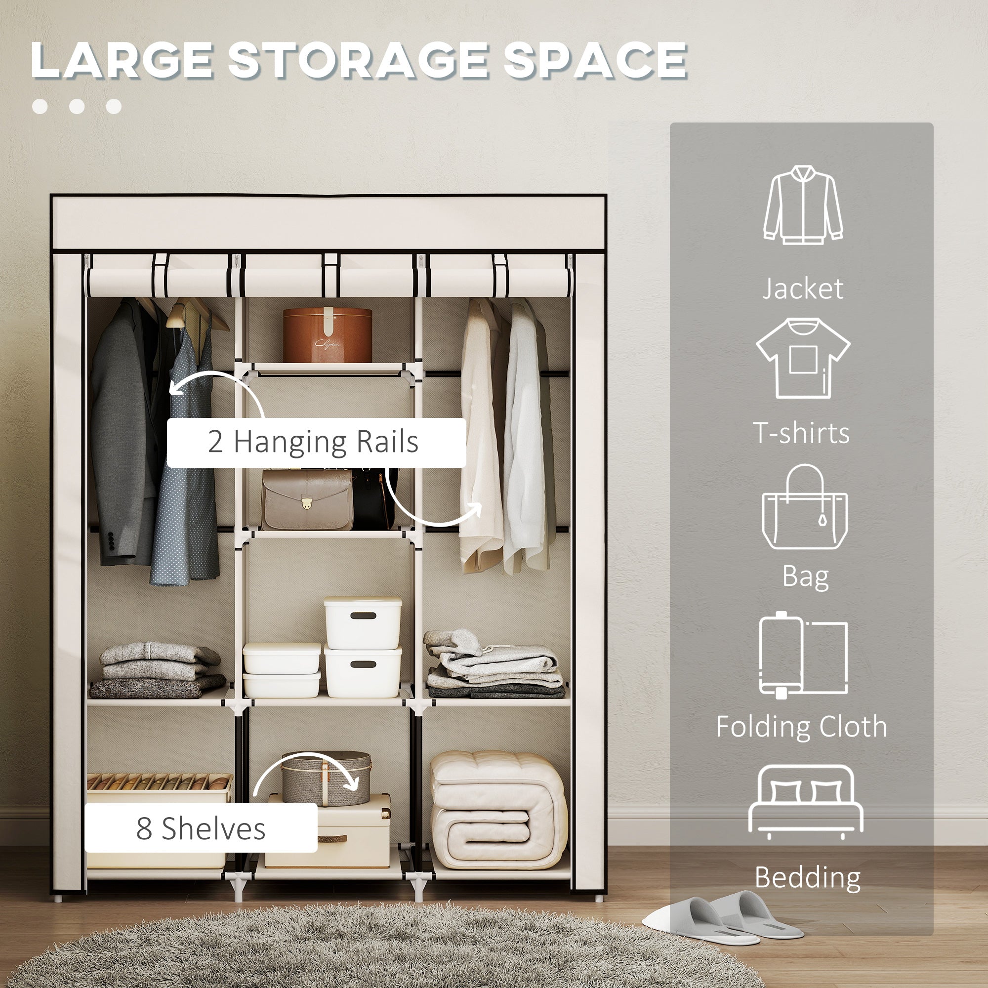 HOMCOM Fabric Wardrobe, with Rails and Shelves - Cream White