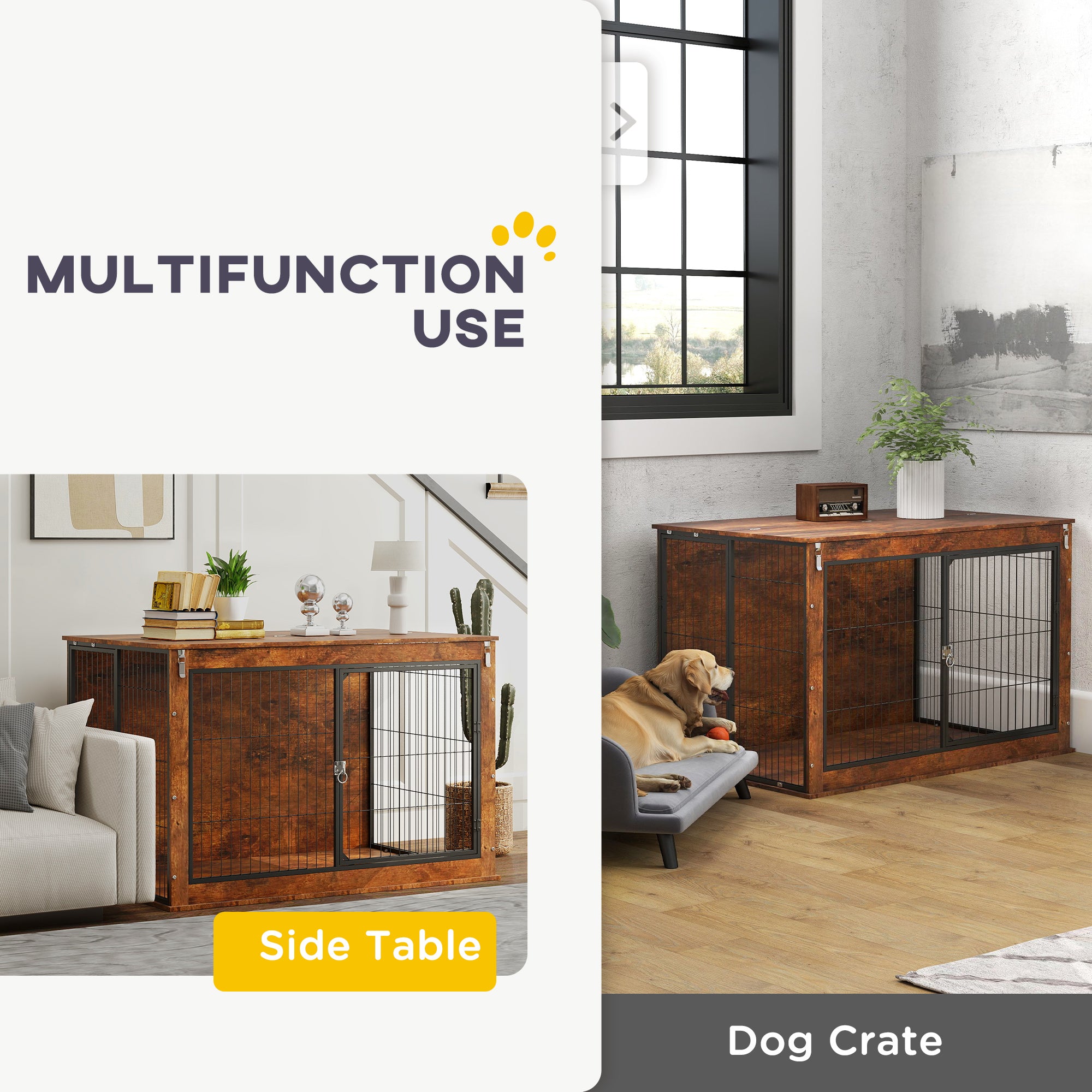 PawHut Dog Crate Furniture with Flip-up Top, 2 Doors, for Extra Large Dogs, 118 x 75 x 77cm, Rustic Brown - North Peak Garden Furniture