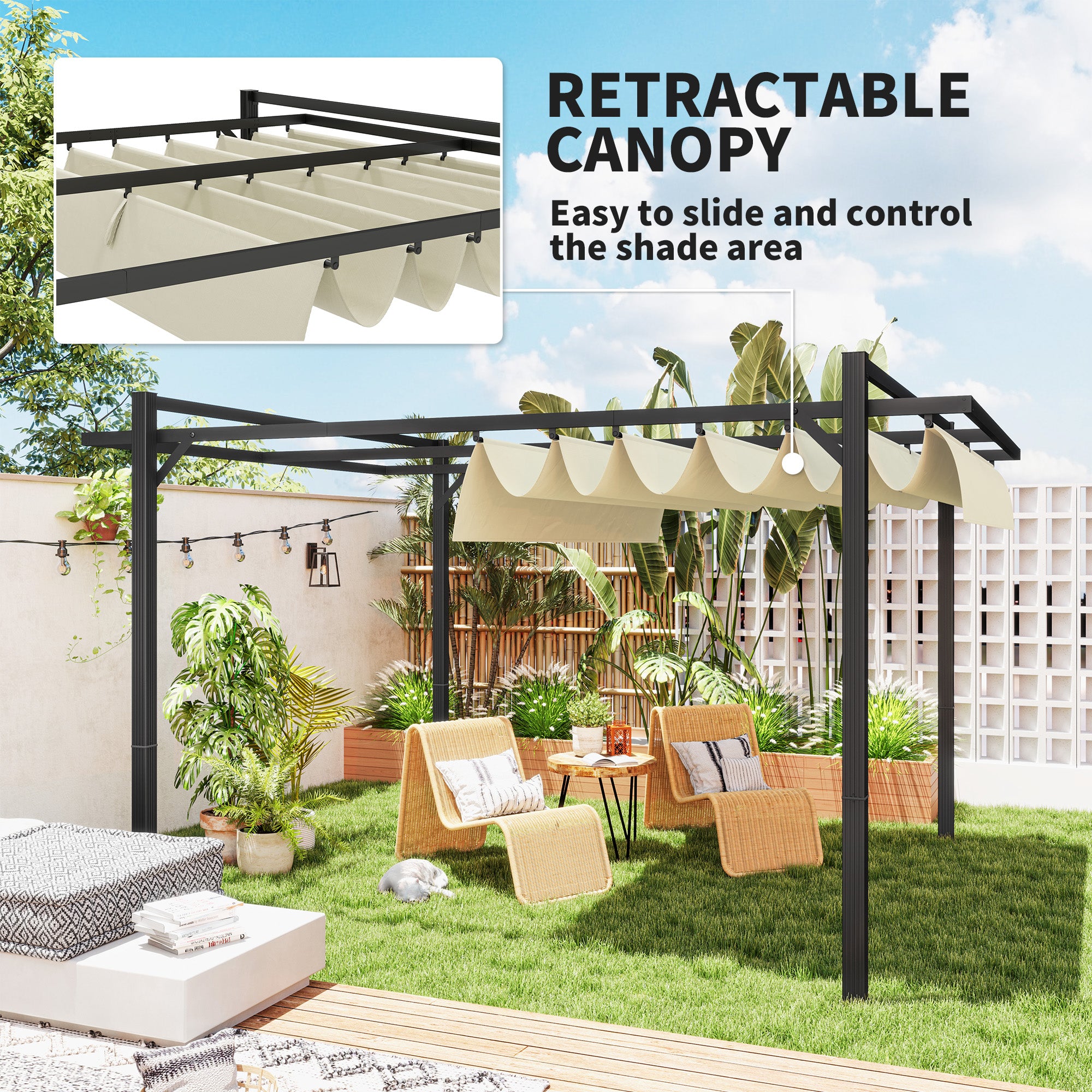 Outsunny 3 x 4m Aluminium Pergola, with Retractable Roof - Grey/Khaki - North Peak Garden Furniture