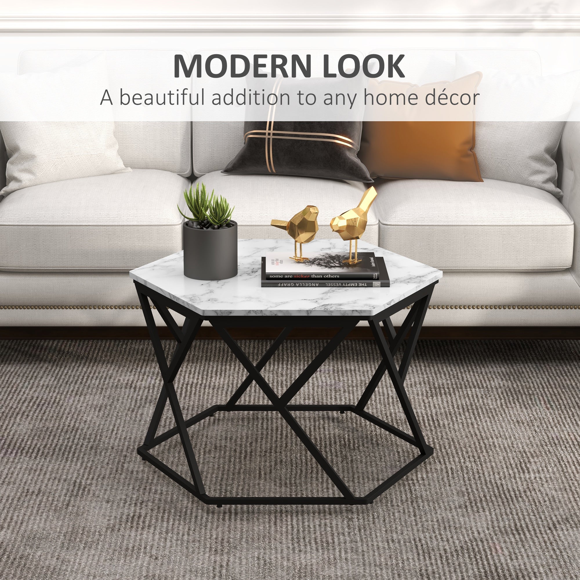 HOMCOM Hexagonal Coffee Table with High Gloss Marble Effect Table Top, Modern Cocktail Table with Steel Frame for Living Room, White - North Peak Garden Furniture