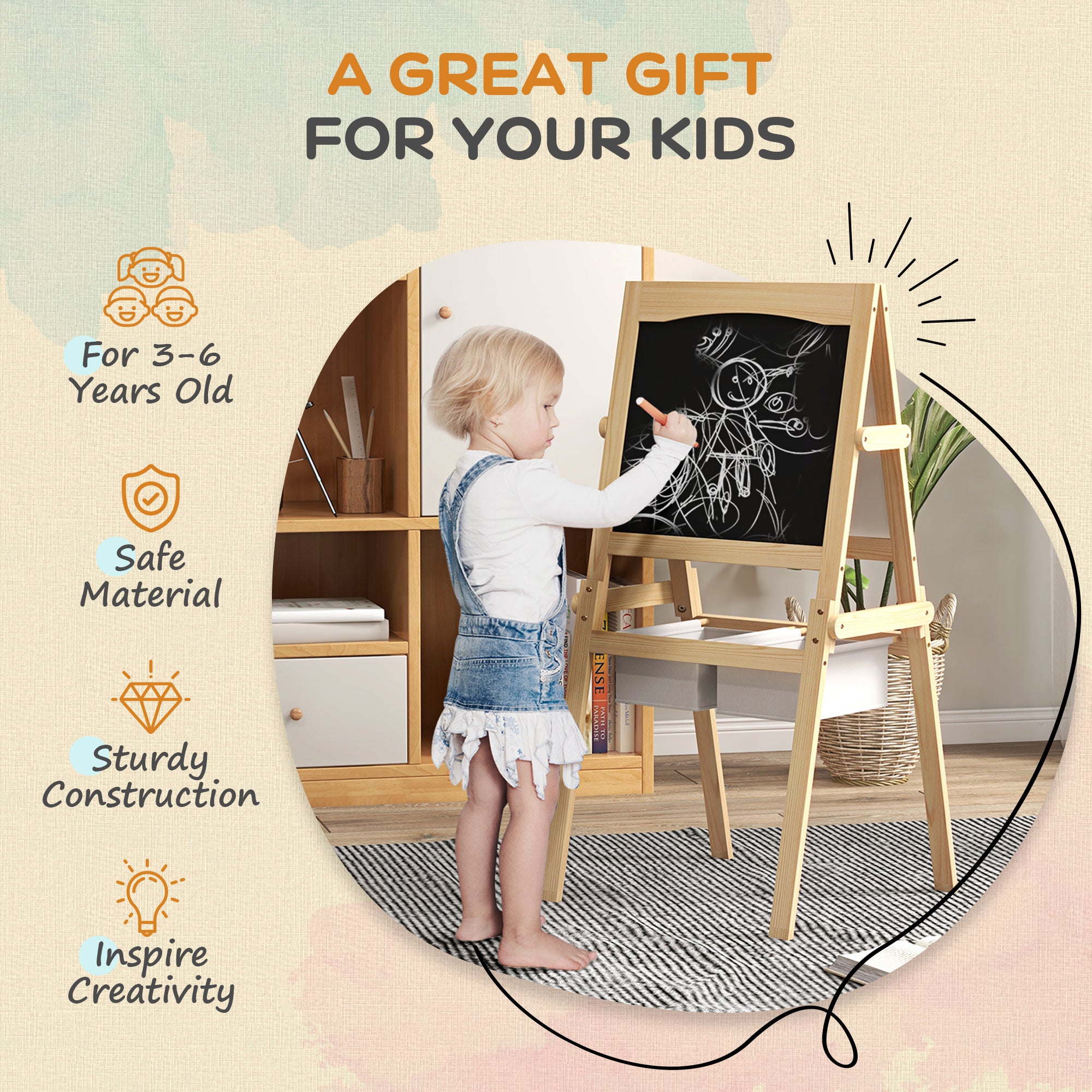 AIYAPLAY Kids Easel with Paper Roll, 3 in 1 Art Easel for Toddlers, Double-Sided Kids Whiteboard Blackboard with Storage Baskets for Ages 3-6 Years - Natural Wood Finish - North Peak Garden Furniture