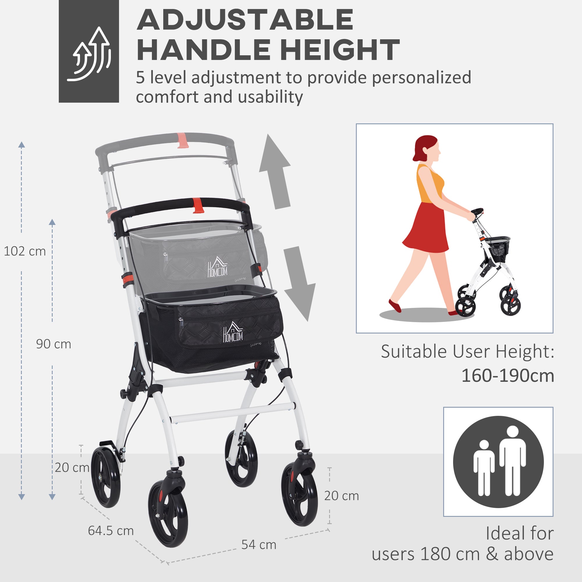 HOMCOM Folding Upright Rollator Walker with Lightweight Walking Frame, Storage Bag, Tray, Dual Brakes, Adjustable Handle Height, Mobility Aid Rolling 4 Wheeled Walker for Seniors, White - North Peak Garden Furniture