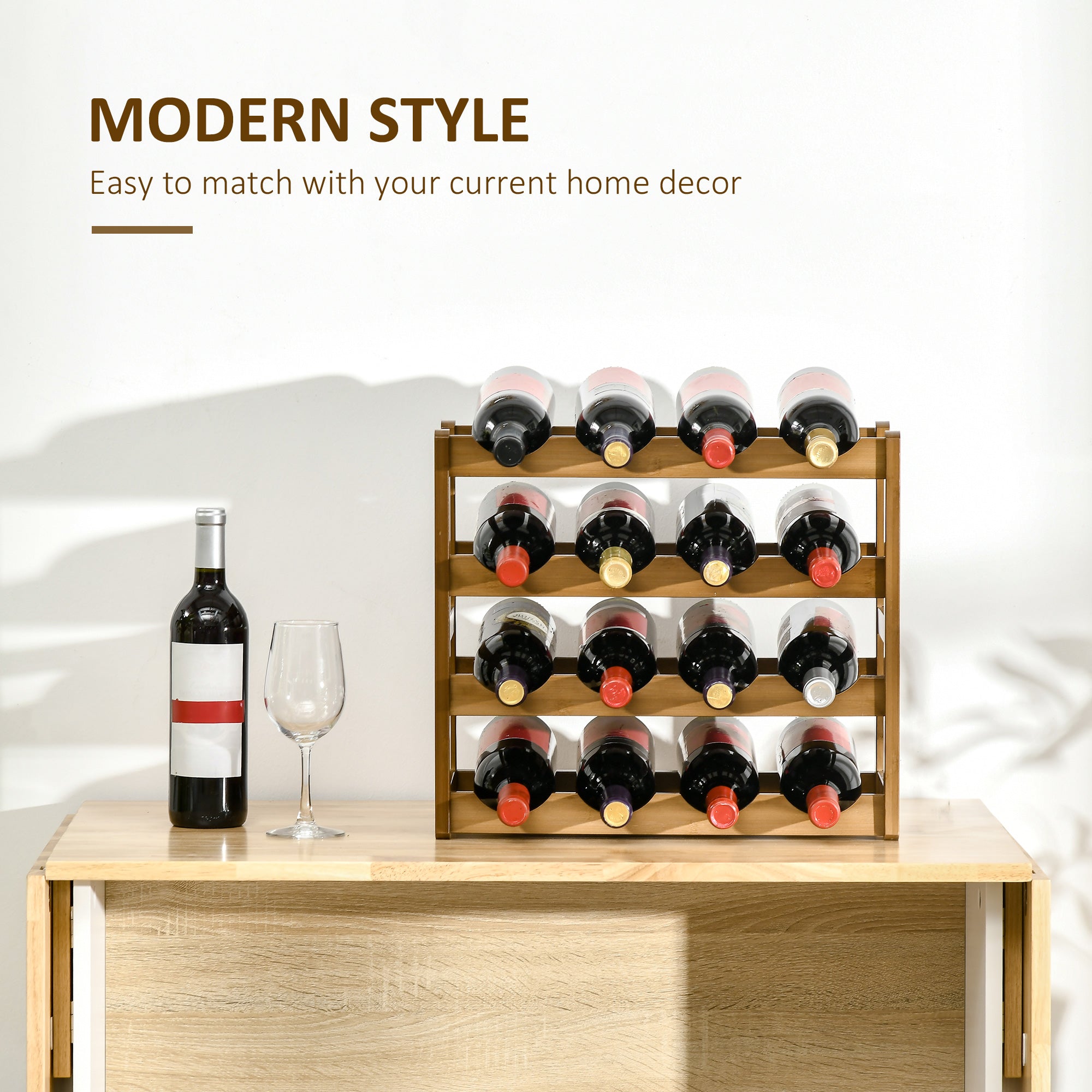 HOMCOM Free Standing Bamboo Wine Rack with 16 Bottles Holder, 4-tier Water Bottle Organizer, Display Shelf for Countertop, Home Bar, Brown - North Peak Garden Furniture