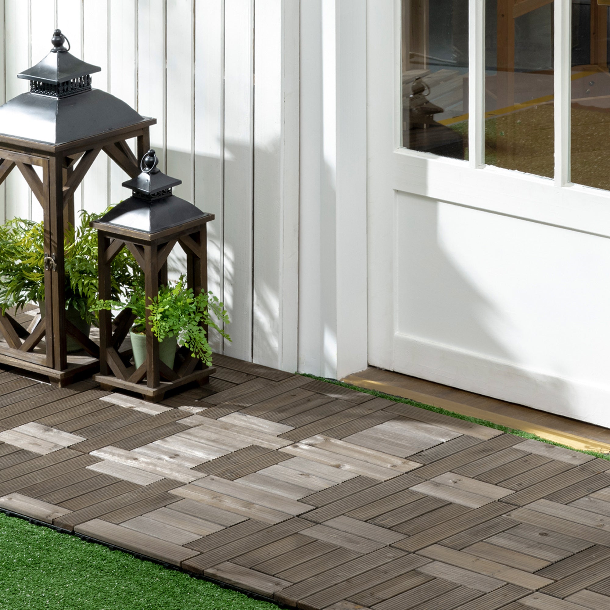 Outsunny 27 Pcs Wooden Interlocking Decking Tiles, 30 x 30 cm Outdoor Flooring Tiles, 2.5㎡ per Pack, for Patio, Balcony, Terrace, Hot Tub, Charcoal Grey - North Peak Garden Furniture