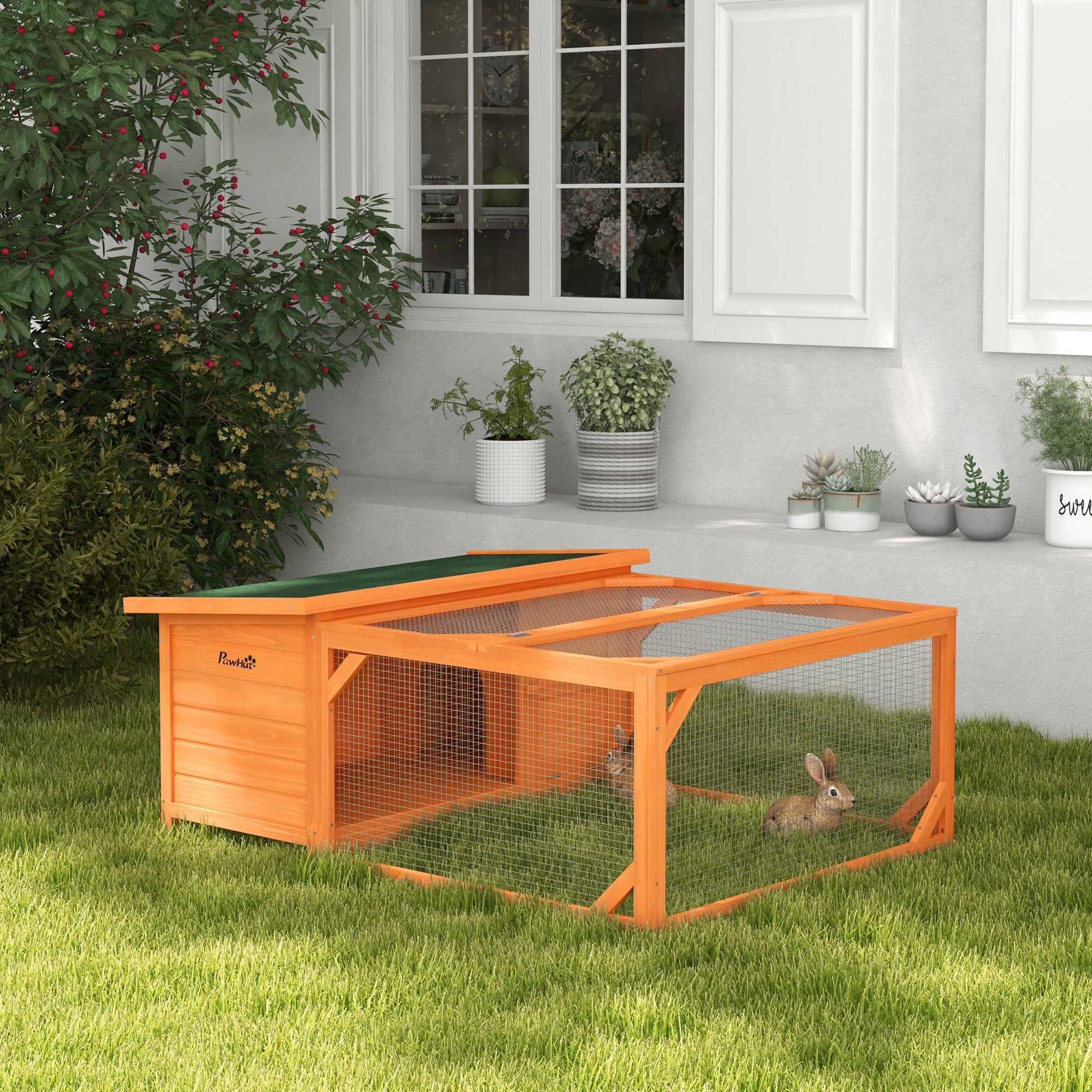 PawHut Rabbit Hutch Outdoor Guinea Pig Hutch with Run Small Animal Off-ground Duck House Hideaway Backyard with Openable Roof 125.5 x 100 x 49cm Orange - North Peak Garden Furniture
