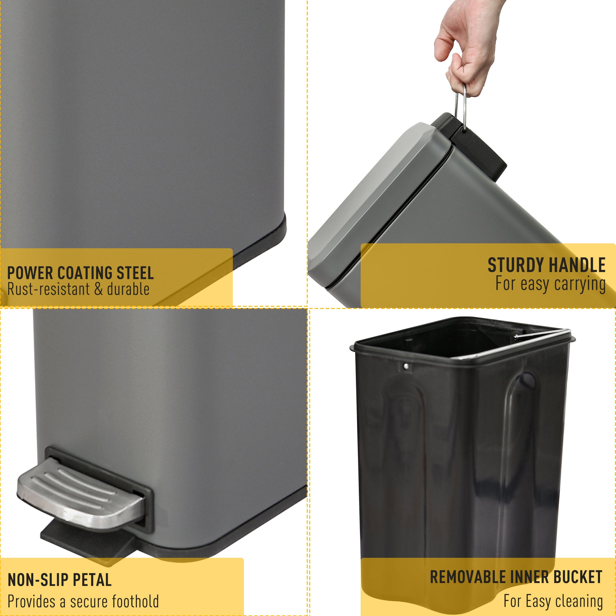 HOMCOM 5L Rectangular Compact Bin Steel Body Removable Bucket Quiet-Close Lid w/ Pedal Lid Rubbish Trash Can Home Office Bedroom Bathroom Living Room Garbage Tidy Clean Grey - North Peak Garden Furniture