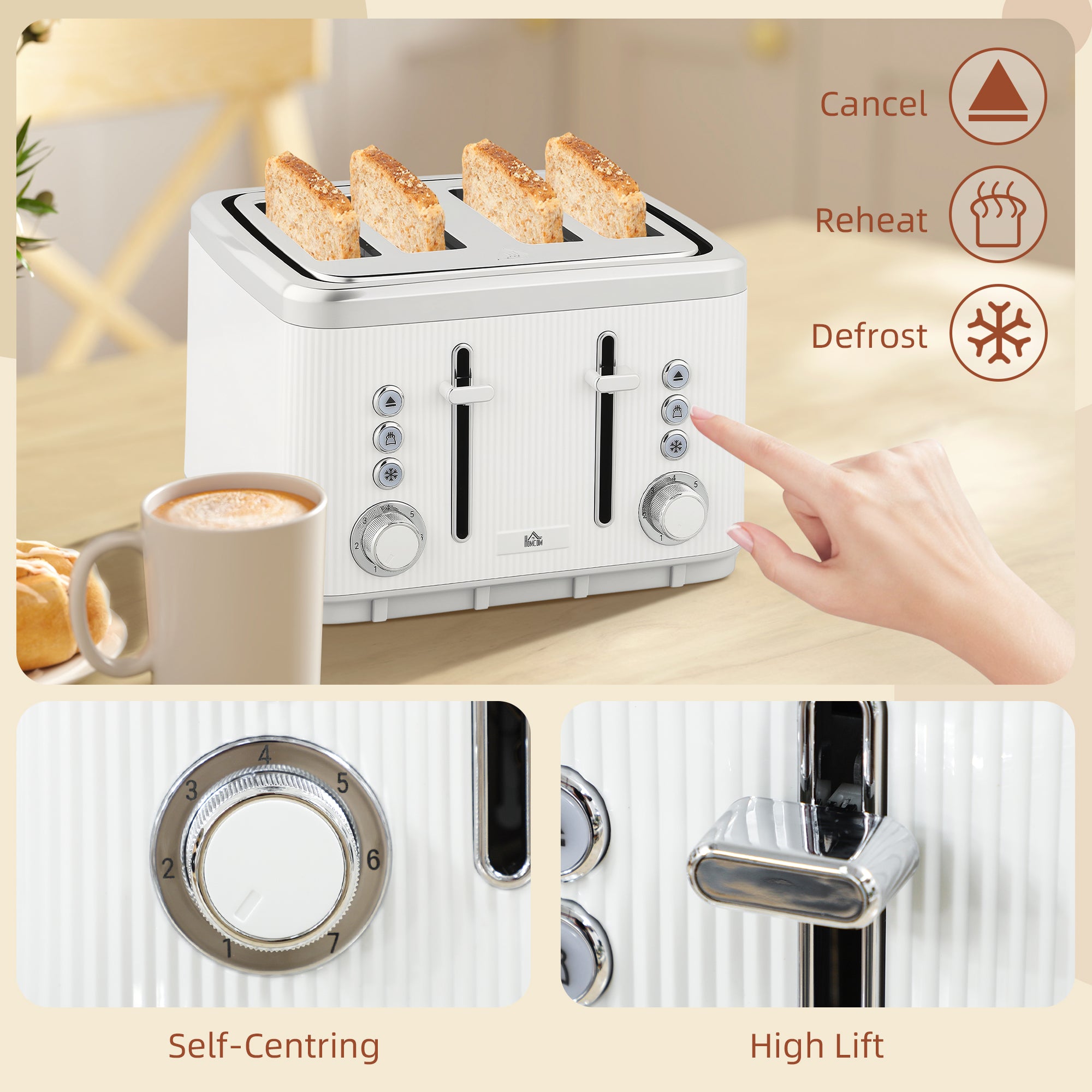 HOMCOM Electric Kettle and Toaster Set, 3000W 1.7L UK Strix Thermostat Rapid Boil Jug Kettle with Limescale Filter, Cool Touch Body, 4 Slice Toaster with 7 Browning Controls, Crumb Tray, White