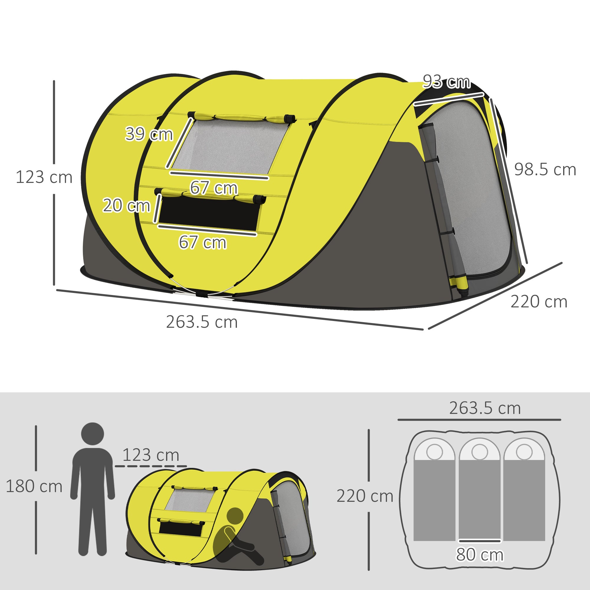 Outsunny 4-5 Person Pop-up Camping Tent Waterproof Family Tent w/ 2 Mesh Windows & PVC Windows Portable Carry Bag for Outdoor Trip, Yellow