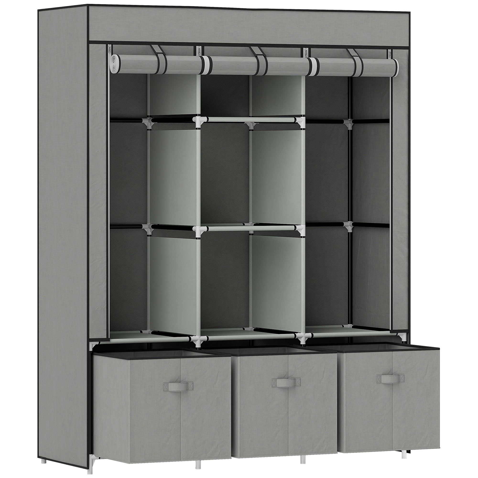 HOMCOM Fabric Wardrobe for Bedroom, Portable Wardrobe with 5 Shelves, 2 Hanging Rails and 3 Fabric Drawers, Foldable Closet, 125 x 43 x 162.5cm, Light Grey - North Peak Garden Furniture