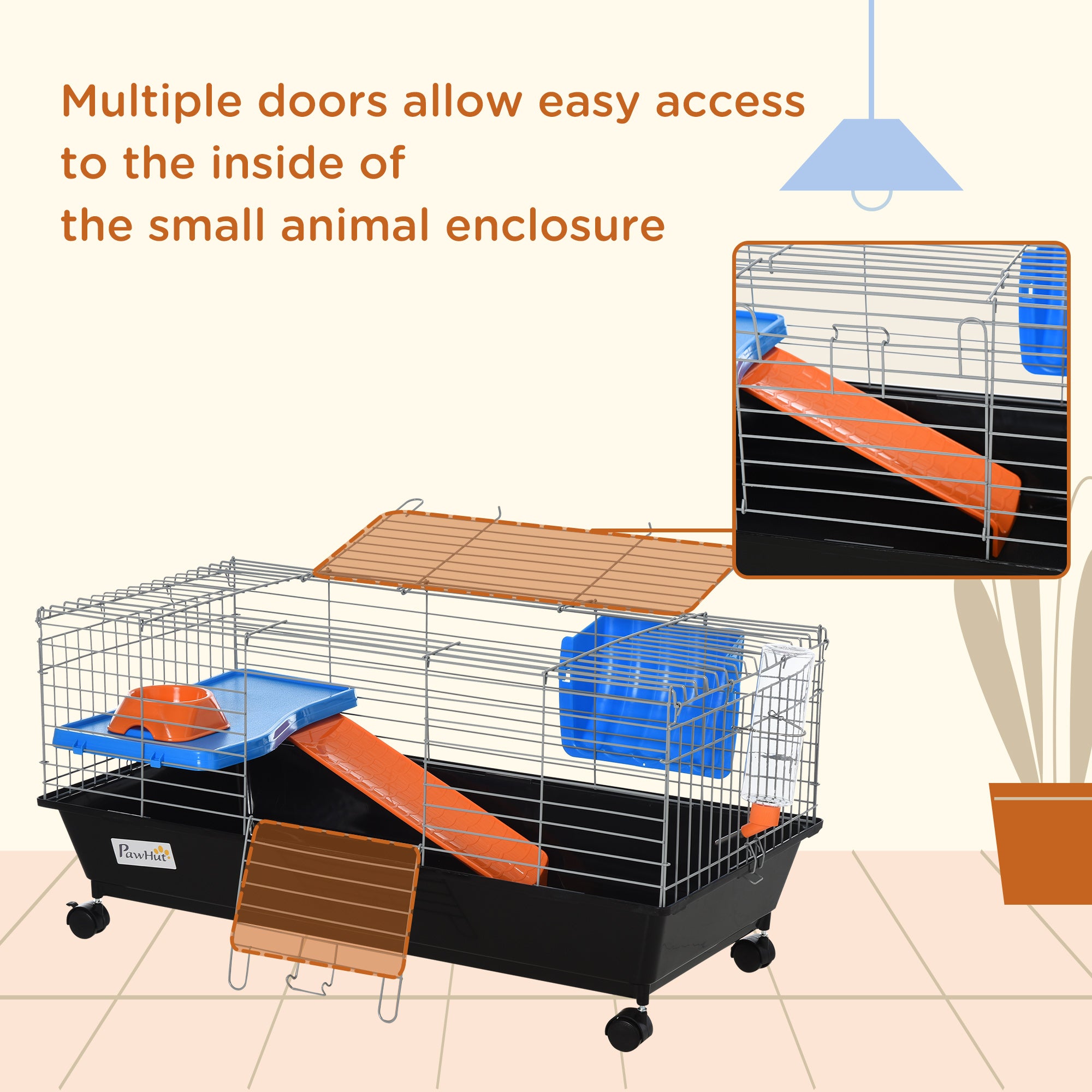 PawHut Small Animal Cage Rabbit Guinea Pigs Chinchillas Cage w/ Wheels Water Bottle Food Dish Platform Ramp 89 x 44 x 43 cm Black - North Peak Garden Furniture