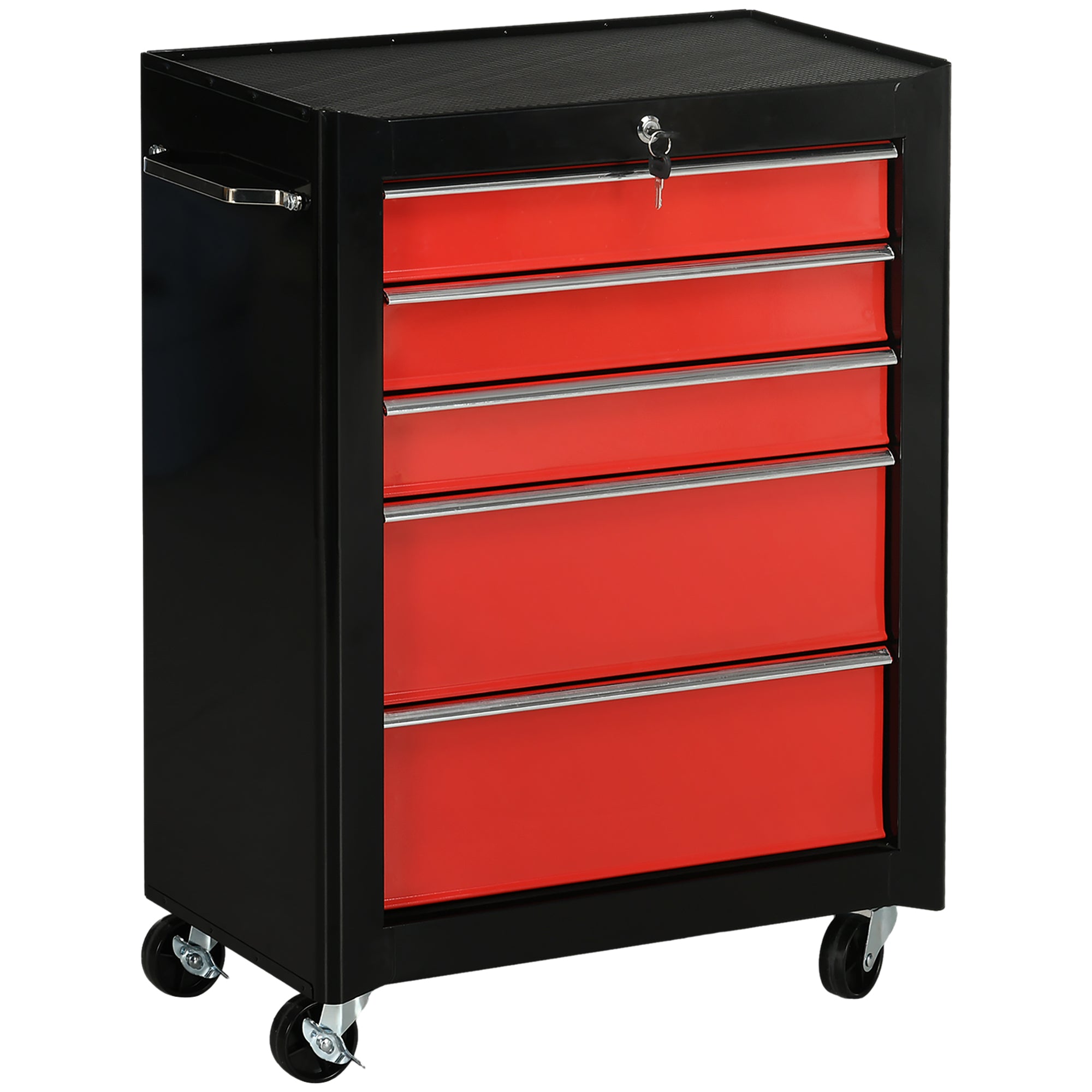 HOMCOM 5-Drawer Tool Chest, Lockable Steel Tool Storage Cabinet with Wheels and Handle Tool Box for Garage, Workshop, Red - North Peak Garden Furniture