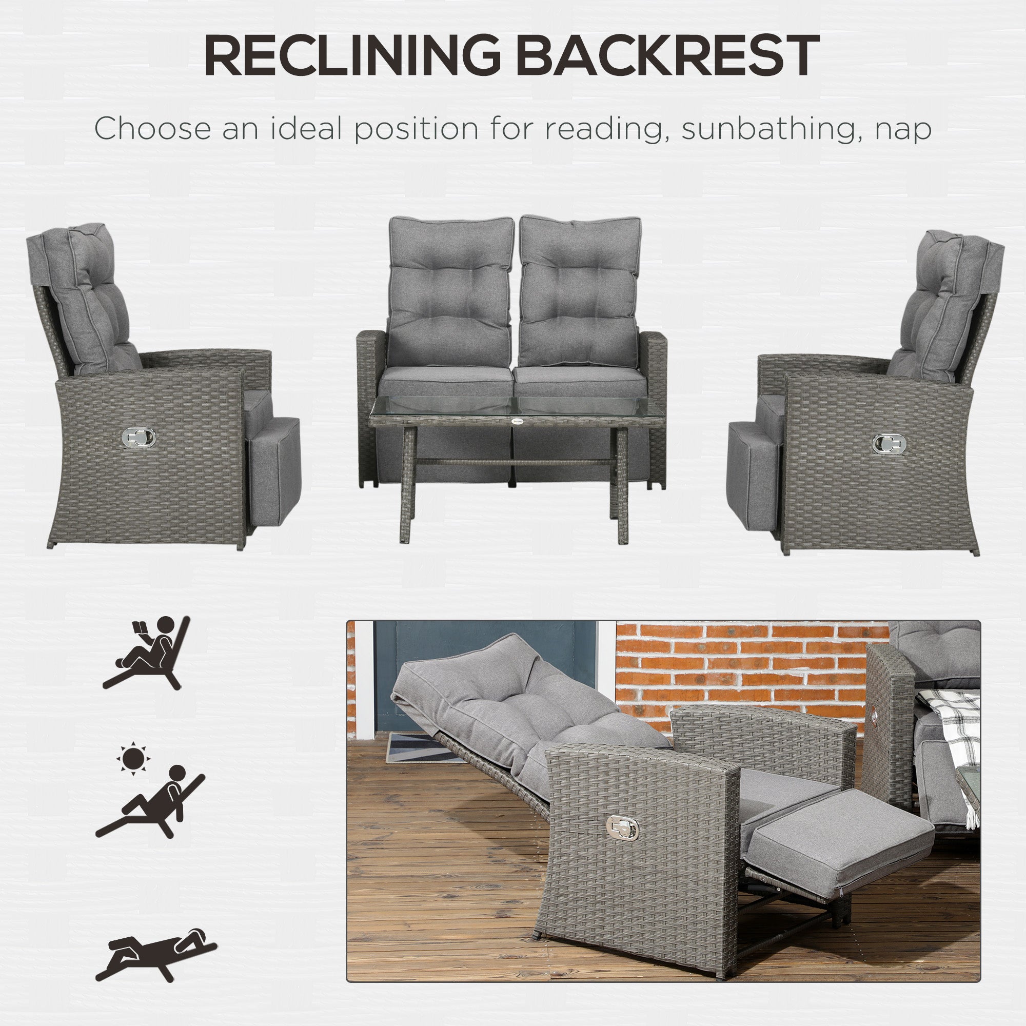 Outsunny 4 Piece Rattan Garden Furniture Sets, 4 Seater Outdoor Sofa Sectional with Wicker Sofa, Reclining Armchair and Glass Table for Yard, Poolside, Grey - North Peak Garden Furniture