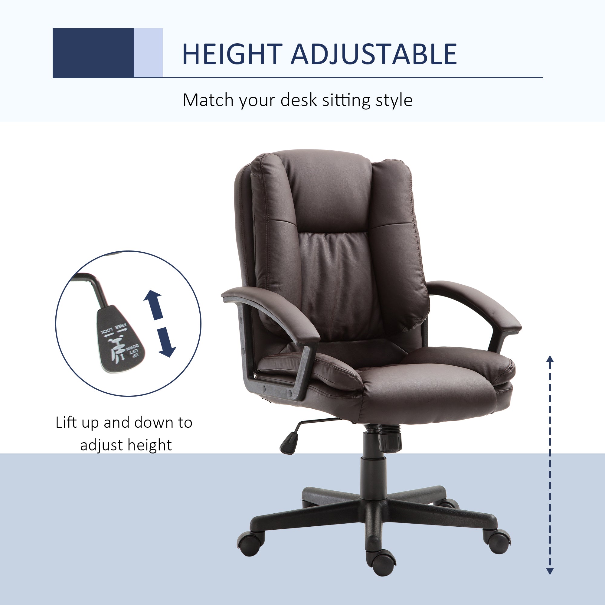 HOMCOM Office Chair, Faux Leather Computer Desk Chair, Mid Back Executive Chair with Adjustable Height and Swivel Rolling Wheels for Home Study, Brown - North Peak Garden Furniture