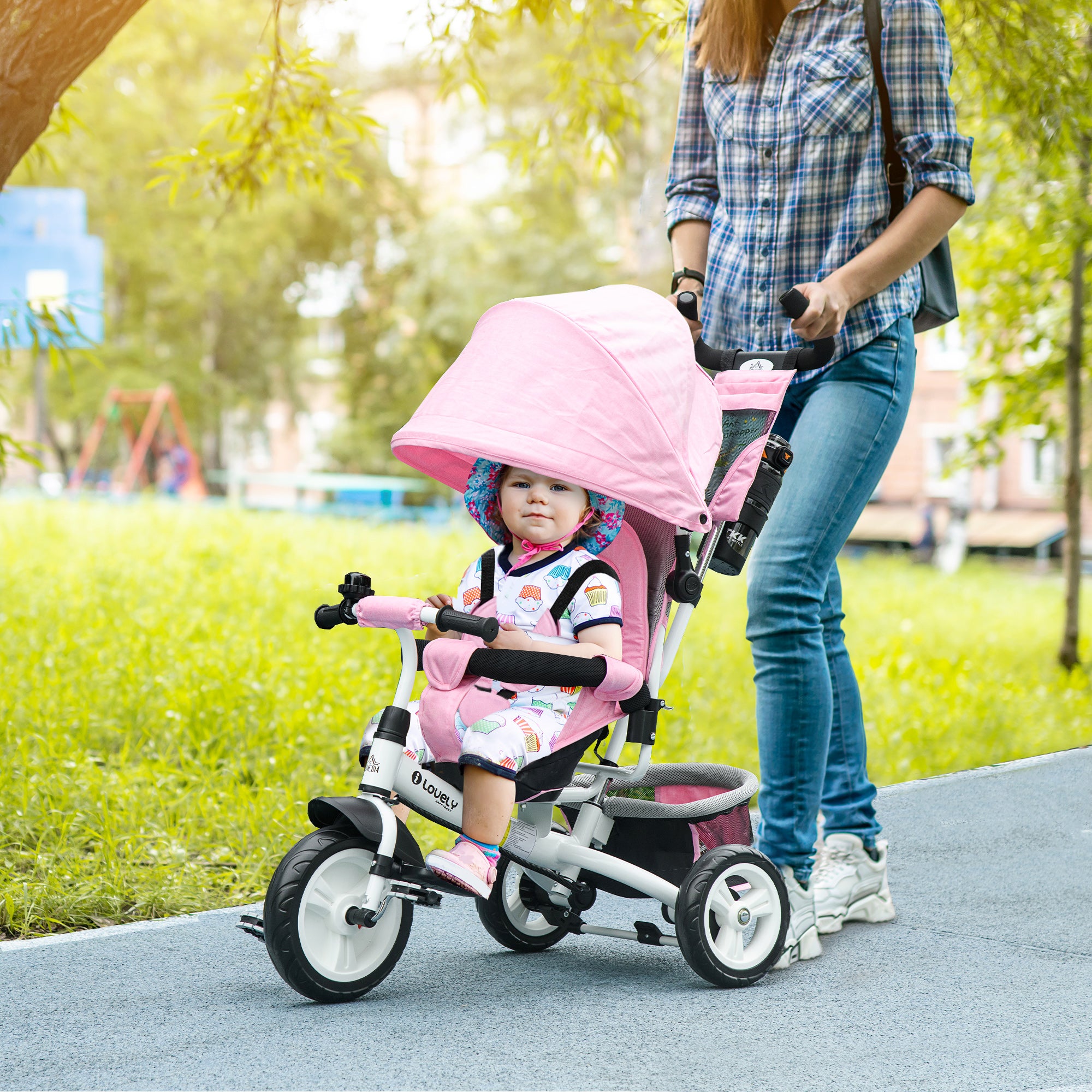 HOMCOM 6 in 1 Kids Trike Push Bike w/ Push Handle, Canopy, 5-point Safety Belt, Storage, Footrest, Brake, for 1-5 Years, Pink