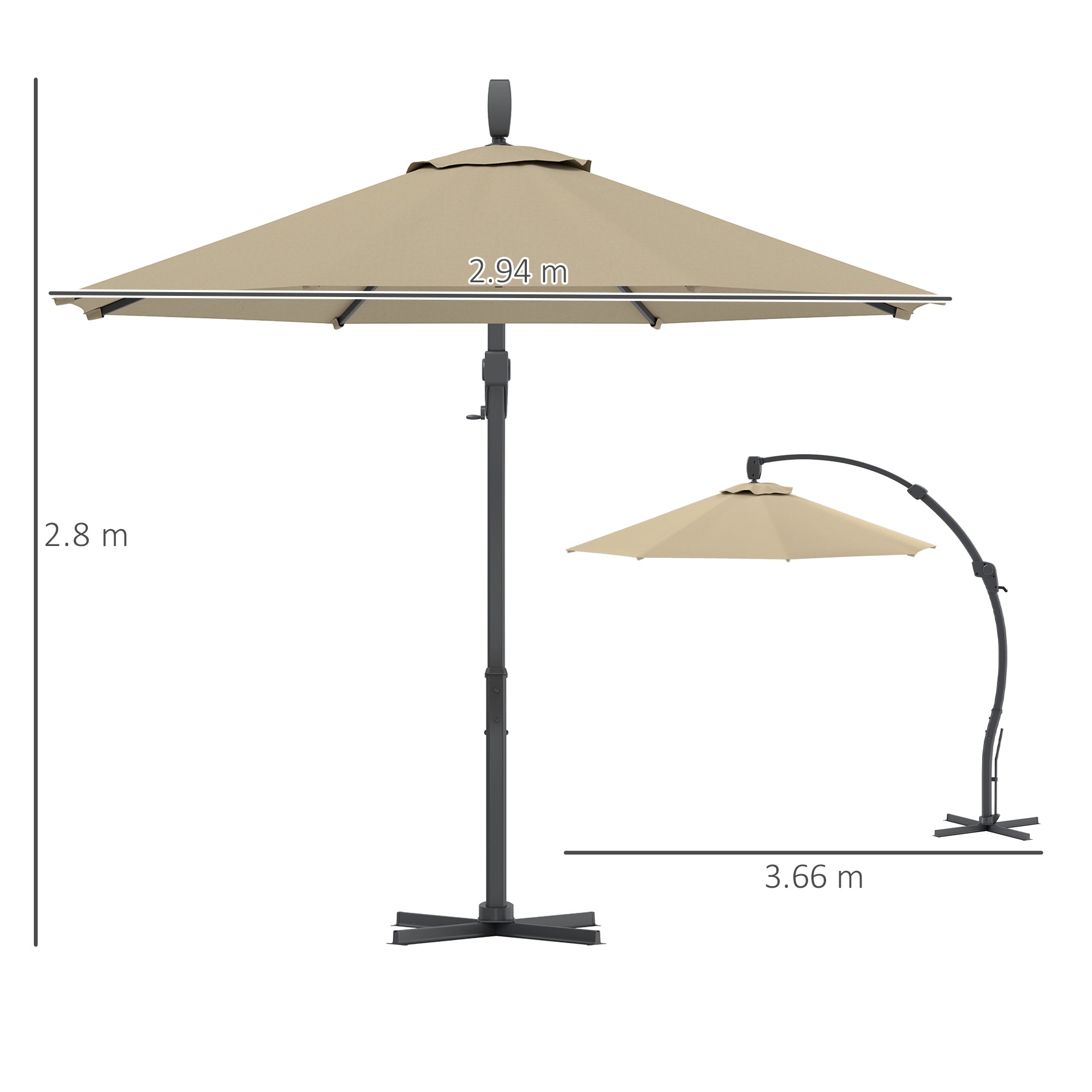 Outsunny 3(m) Garden Cantilever Parasol, Round Overhanging Umbrella with Crank Handle, Cross Base, Aluminium Frame and 360° Rotation, Banana Patio Umbrella for Outdoor Sun Shade, Khaki - North Peak Garden Furniture