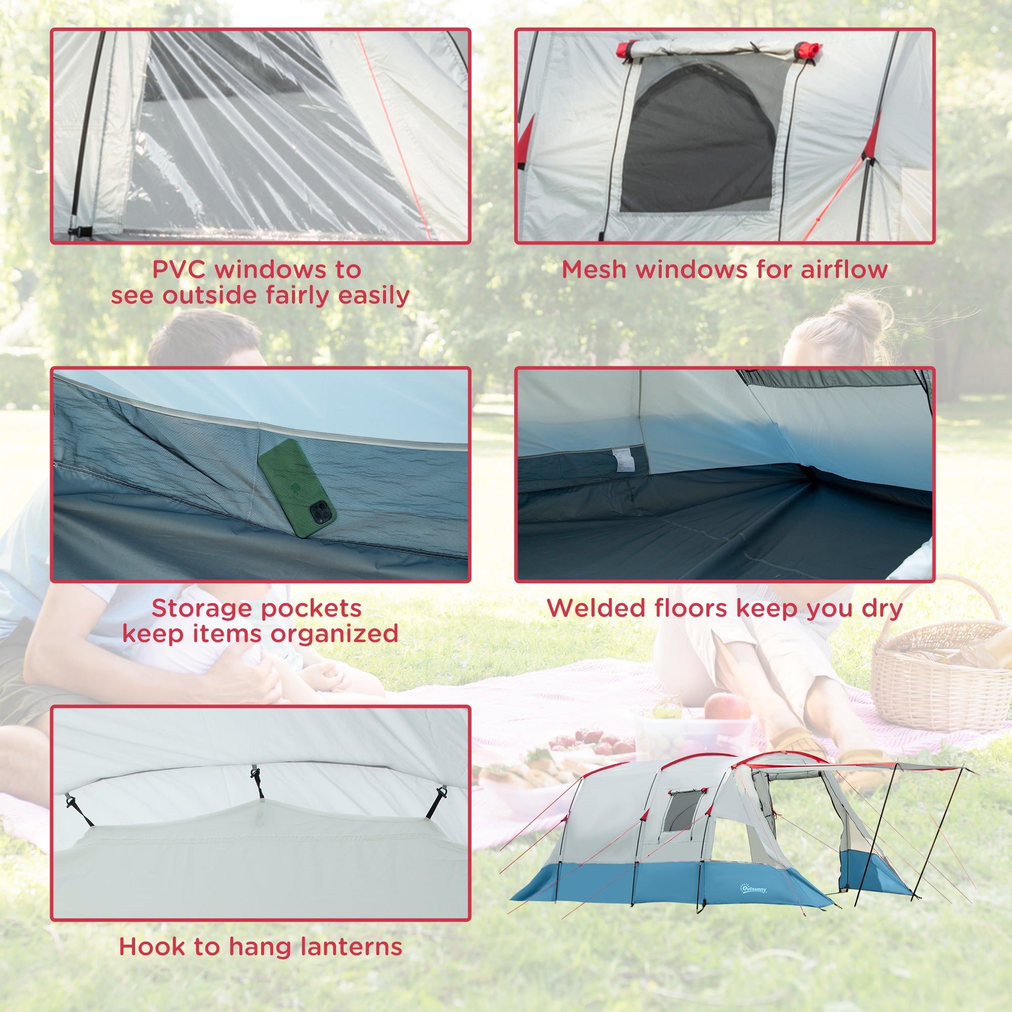 Outsunny 6-8 Person Tunnel Tent, Camping Tent with Bedroom, Living Room, Sewn-in Floor, 3 Doors and Carry Bag, 2000mm Water Column for Fishing, Hiking, Sports, and Traveling, Blue - North Peak Garden Furniture