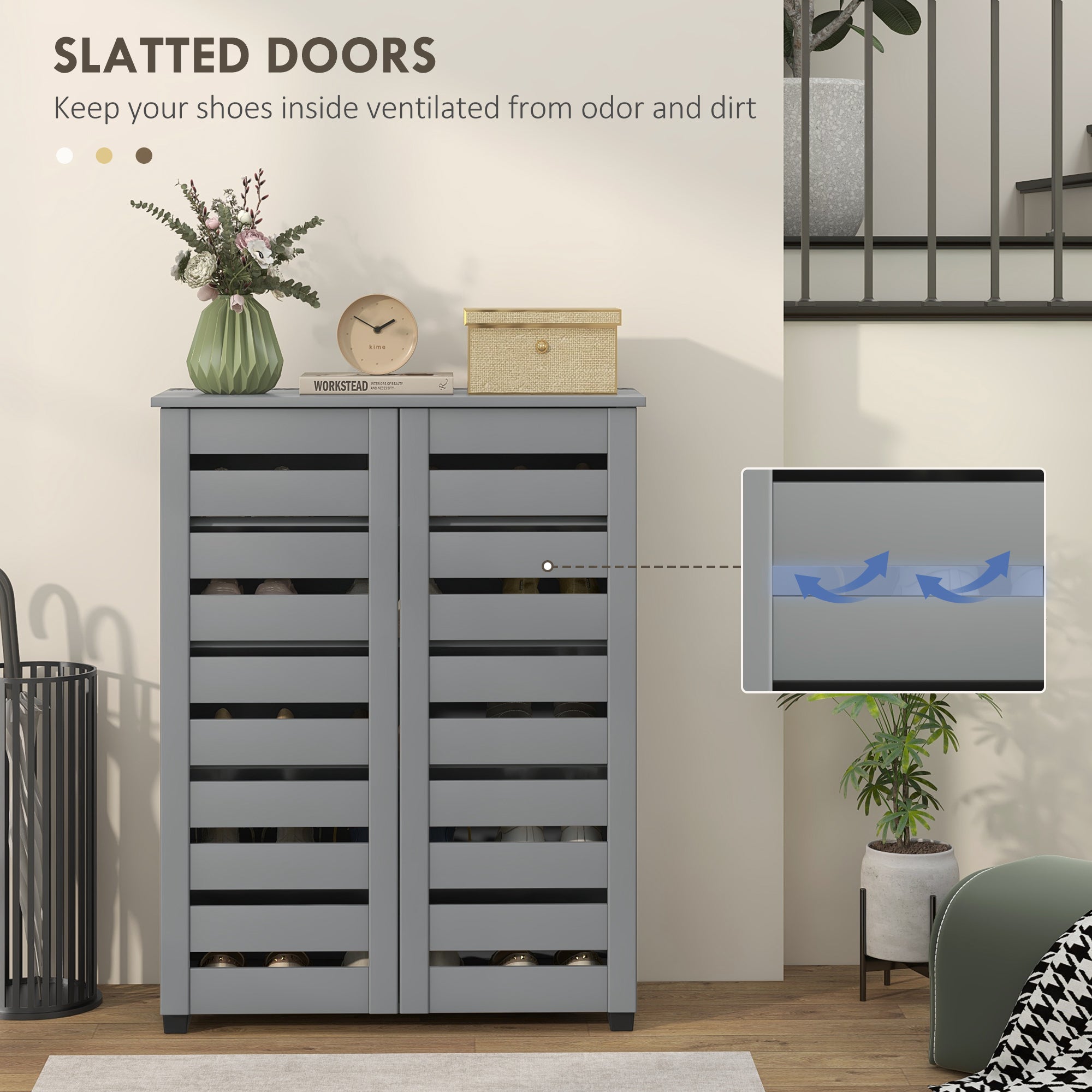 HOMCOM Narrow Shoe Cabinet for Entryway, 5-Tier Slim Shoe Storage Cabinet with 2 Slatted Doors and Adjustable Shelves Grey