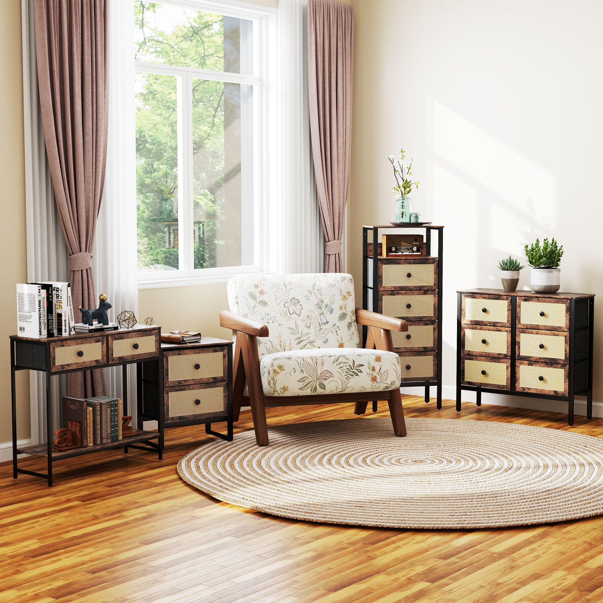 HOMCOM Bedside Table, Side Table with 2 Rattan Drawers, Bedside Cabinet with Storage and Steel Legs for Bedroom, Living Room, Rustic Brown - North Peak Garden Furniture