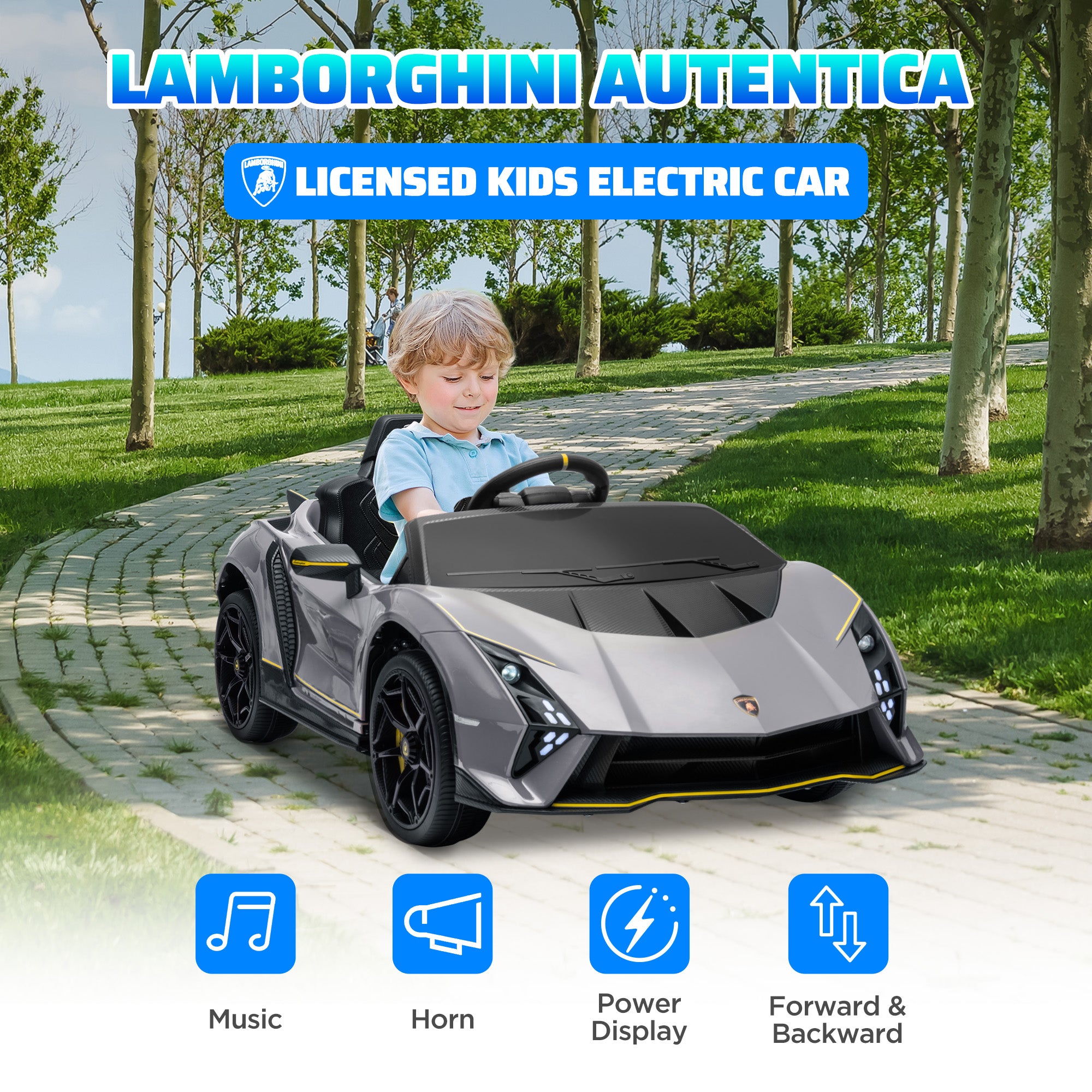 AIYAPLAY 12V Lamborghini Autentica Licensed Kids Electric Car with Remote Control, 4 Suspension Wheels, Soft Start, Grey - North Peak Garden Furniture