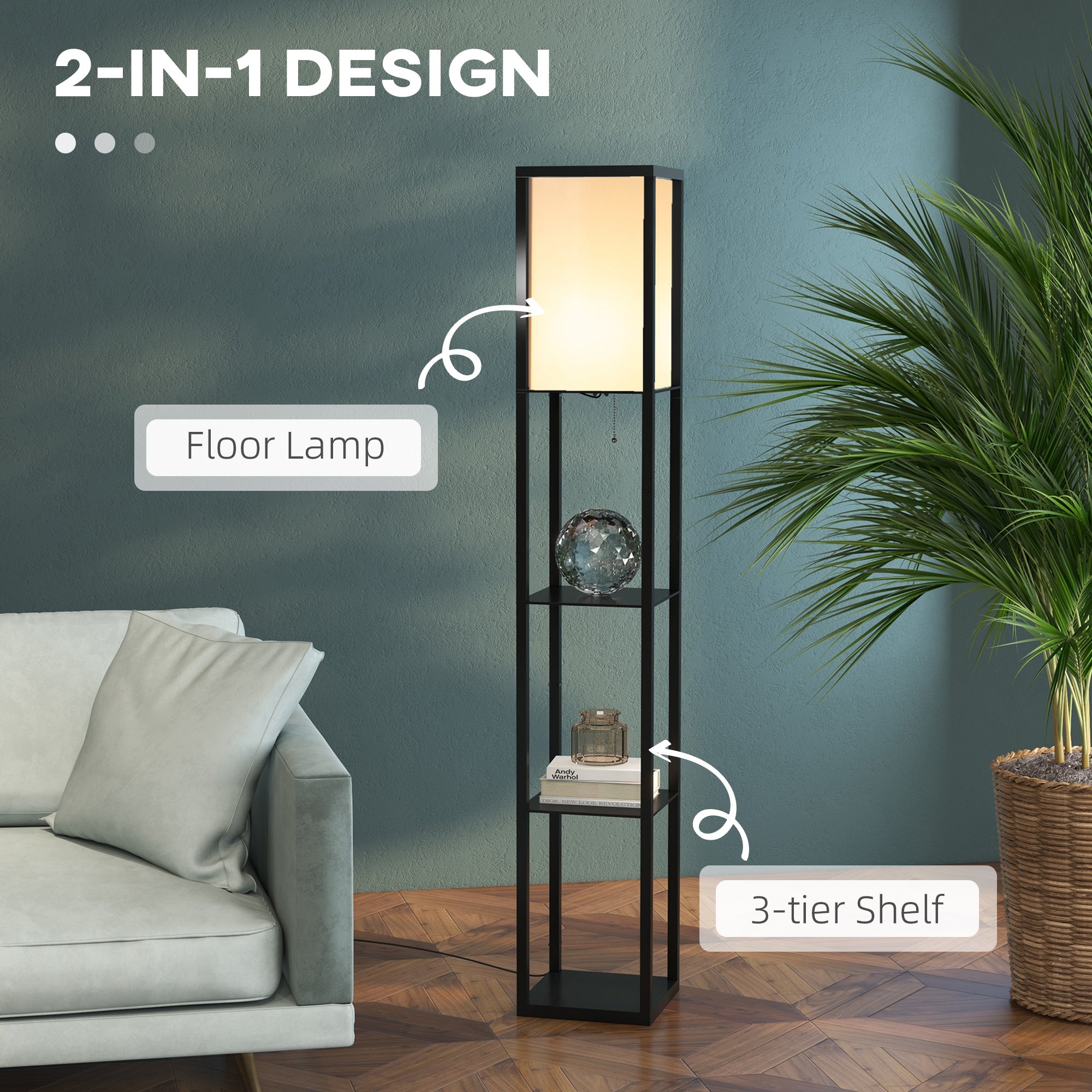 HOMCOM 3-Tier Floor Lamp, Floor Light with Storage Shelf, Reading Standing Lamp for Living Room, Bedroom, Kitchen, Dining Room, Office, Dorm, 160cm, Black - North Peak Garden Furniture