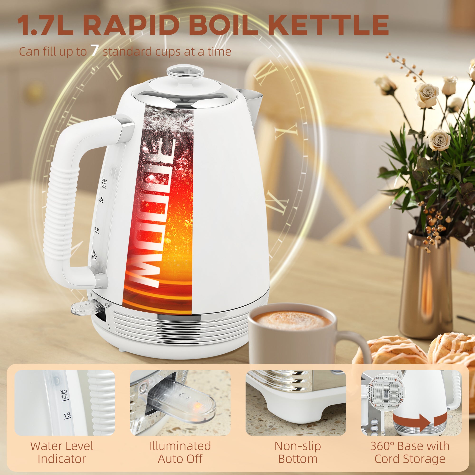 HOMCOM Stainless Steel Kettle and Toaster Set, 1.7L 3000W Rapid Boil Jug Kettle with UK Strix Thermostat, Limescale Filter, 4 Slice Toaster with 7 Browning Controls, Crumb Tray, White and Silver Tone