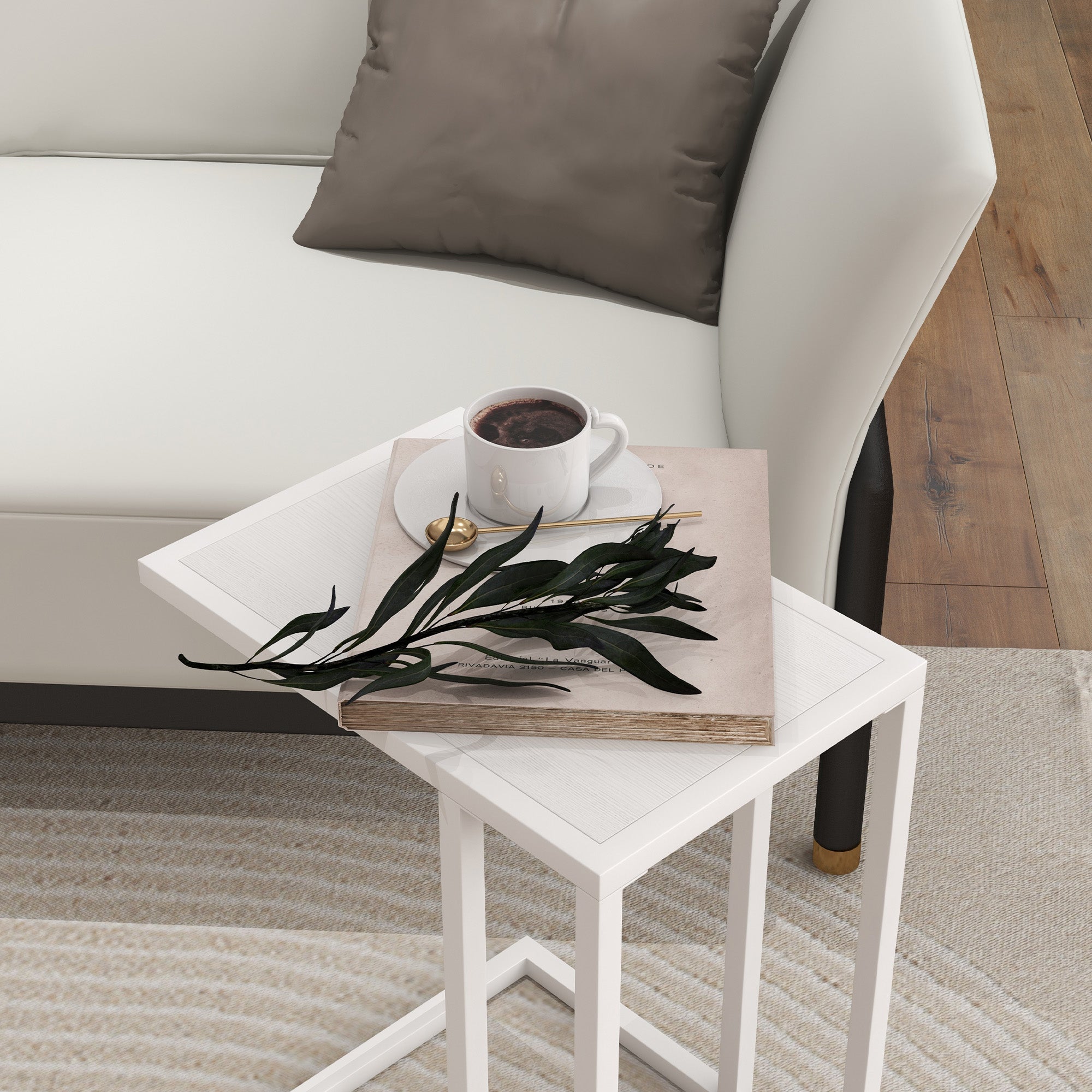 HOMCOM C Shape Bedside Table w/Metal Frame Wood-Effect Top Sofa Narrow Snack End Table for Living Room, White - North Peak Garden Furniture