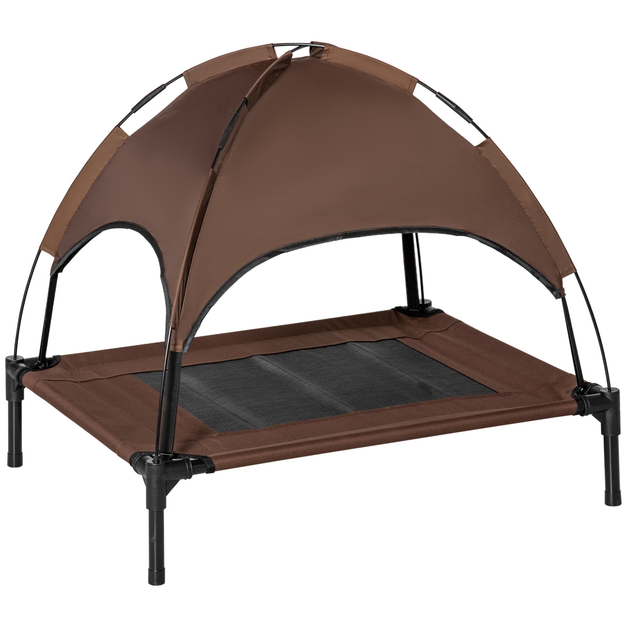 PawHut Raised Dog Bed Waterproof Elevated Pet Cot with Breathable Mesh UV Protection Canopy Coffee, for Medium Dogs, 76 x 61 x 73cm - North Peak Garden Furniture