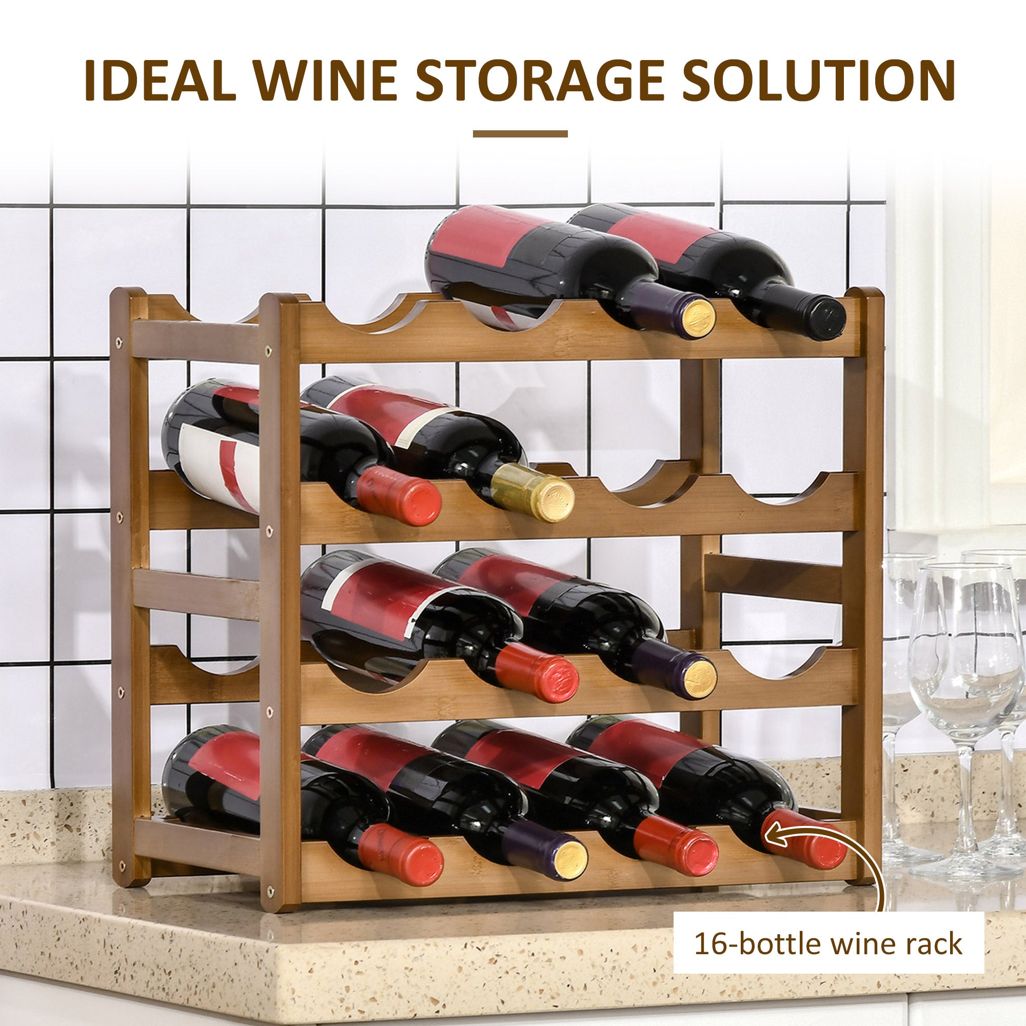 HOMCOM Free Standing Bamboo Wine Rack with 16 Bottles Holder, 4-tier Water Bottle Organizer, Display Shelf for Countertop, Home Bar, Brown - North Peak Garden Furniture