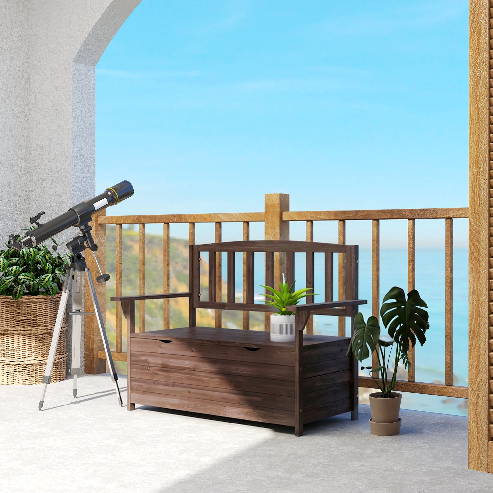 Outsunny Outdoor 2 Seater Garden Bench, Wooden Bench with Storage, Backrest, Arm Rests, 112 x 84 x 58 cm, Brown