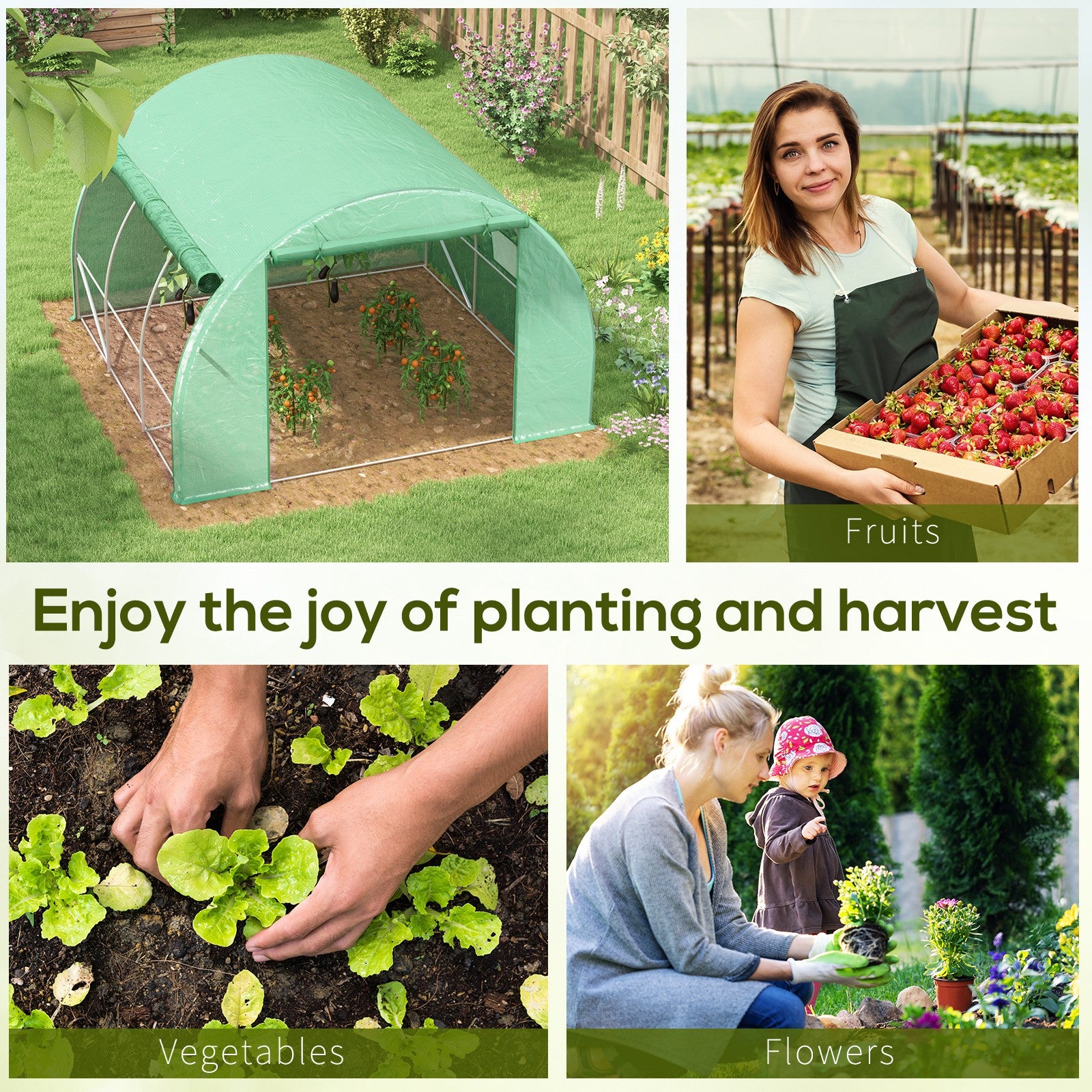 Outsunny Polytunnel Greenhouse Walk-in Grow House Tent with Roll-up Sidewalls, Zipped Door and 6 Windows, 3x3x2m Green - North Peak Garden Furniture