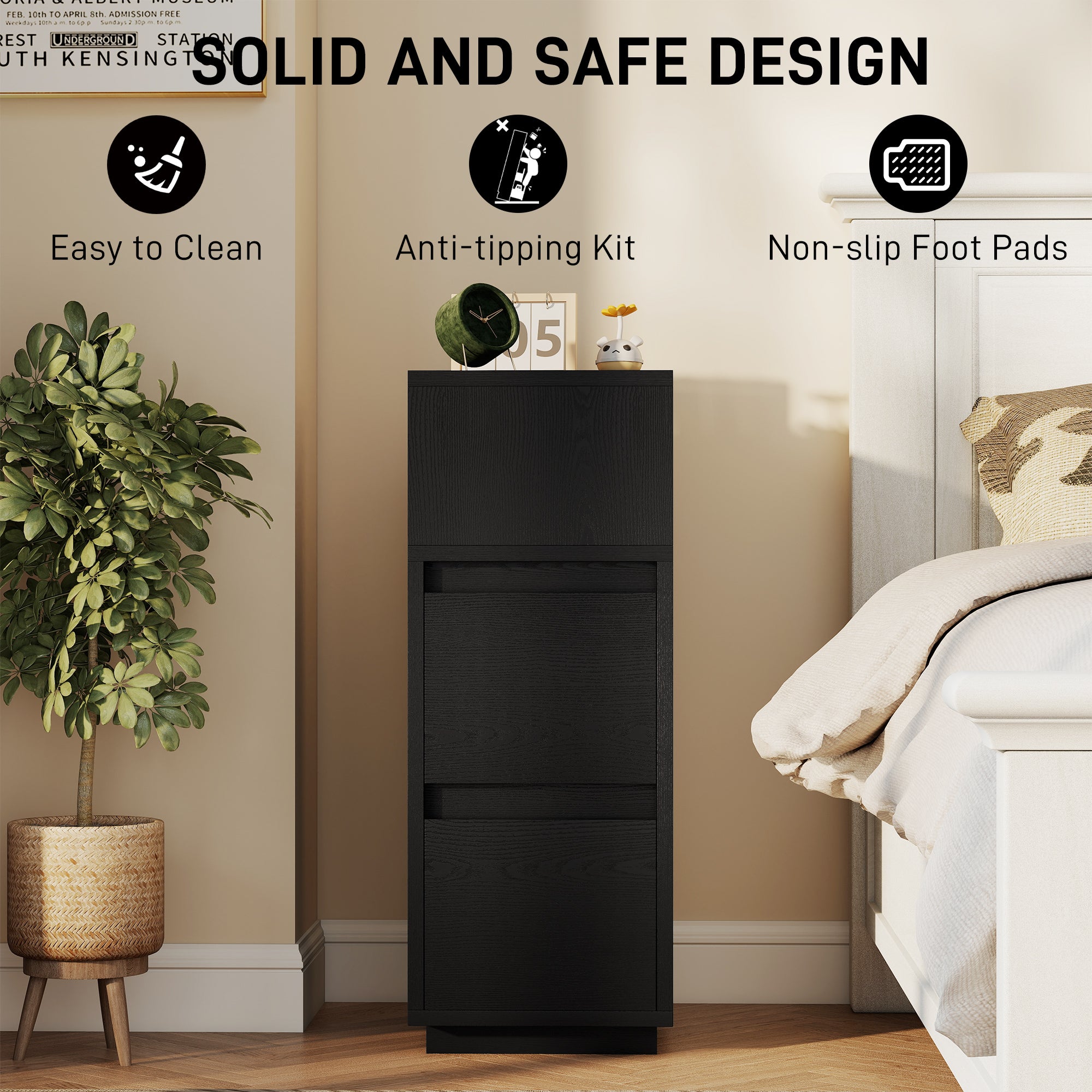 HOMCOM Slim Bedside Table, Narrow Bedside Cabinet with Open Shelf and 2 Drawers for Bedroom, Living Room, Black