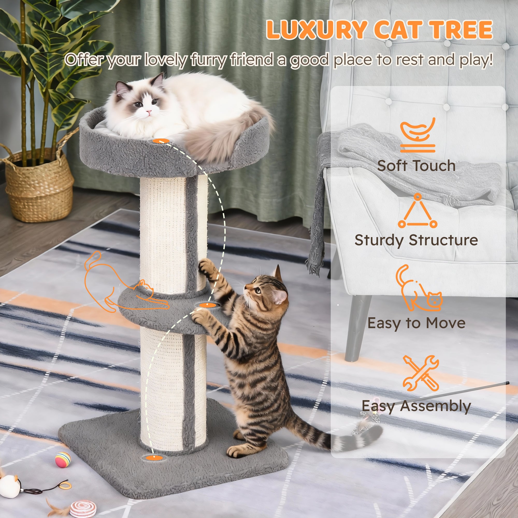 PawHut 91cm Cat Tower Scratching Posts Cat Tree for Indoor Cats Kitten Activity Centre Grey