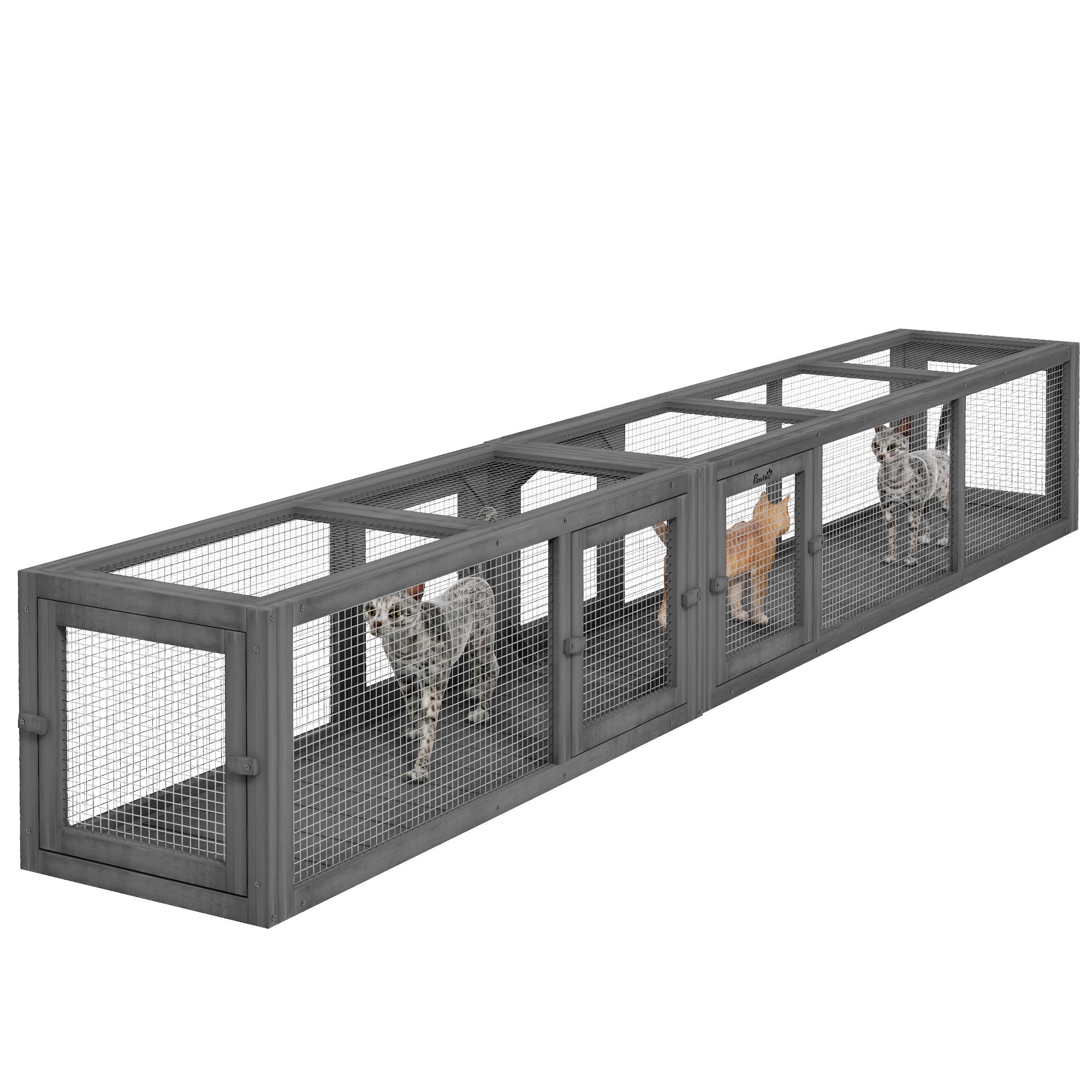 PawHut Cat Tunnel, 250cm Extra Long Wooden Cat Play Tunnel with 8 Doors, L-shape/Rectangle, Outdoor Cat Enclosures, Dark Grey