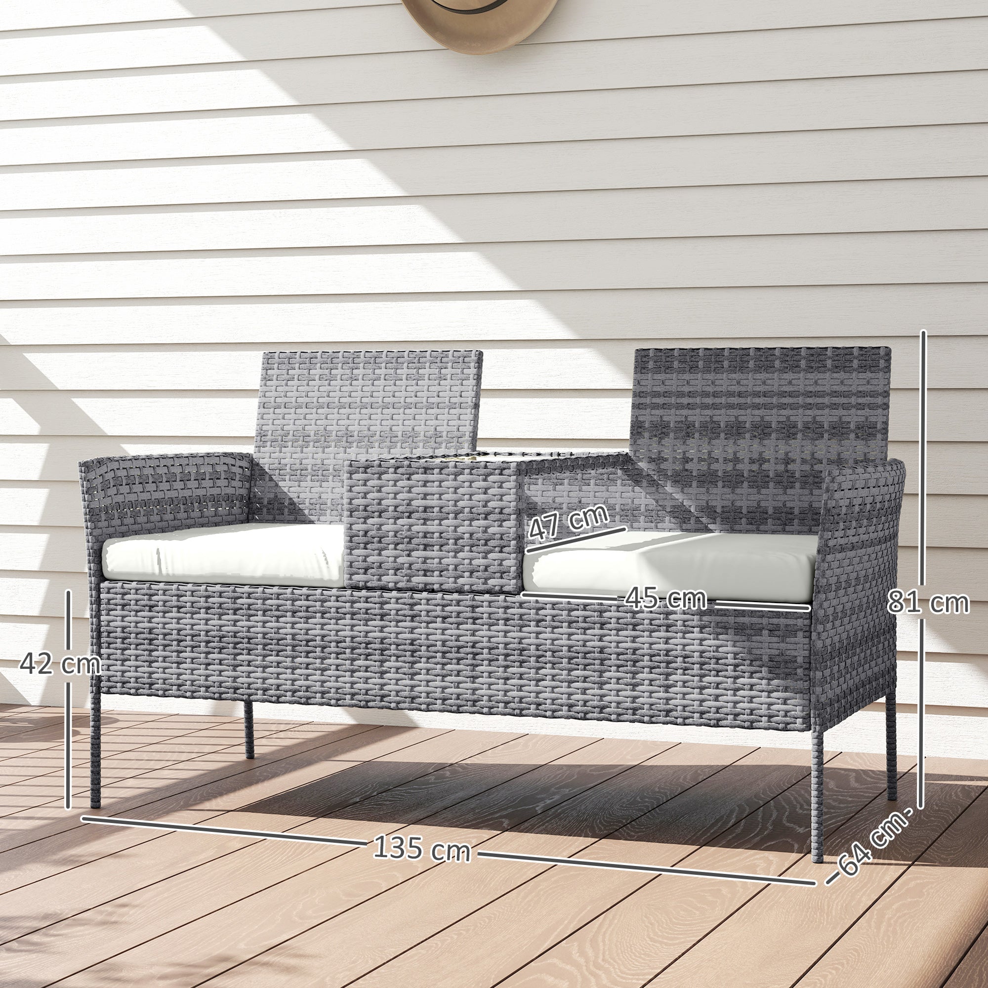 Outsunny Two-Seat Rattan Chair, with Middle Table - Grey