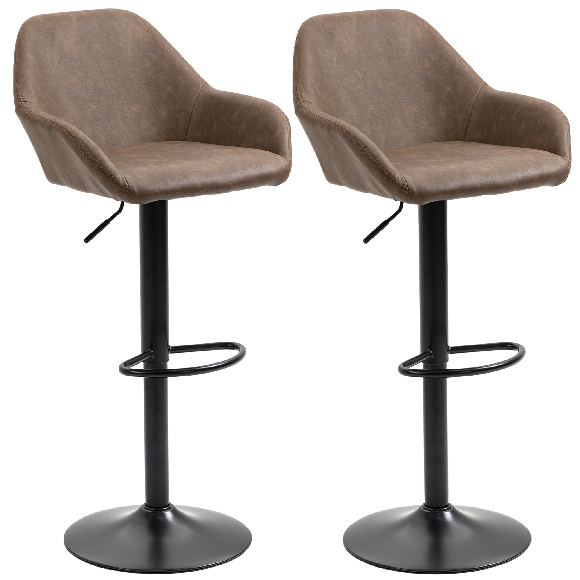 HOMCOM Adjustable Bar Stools Set of 2, Swivel Barstools with Footrest and Backrest, PU Leather and Steel Base, for Kitchen Counter and Dining Room, Dark Brown