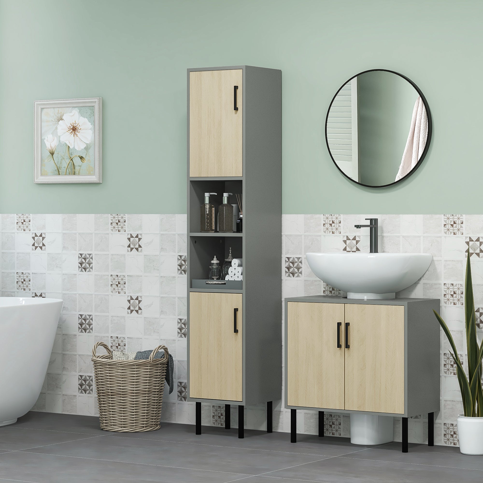 kleankin Under Sink Cabinet, Bathroom Vanity Unit, Storage Cupboard with Double Doors and Storage Shelves, 60x30x60cm, Natural - North Peak Garden Furniture
