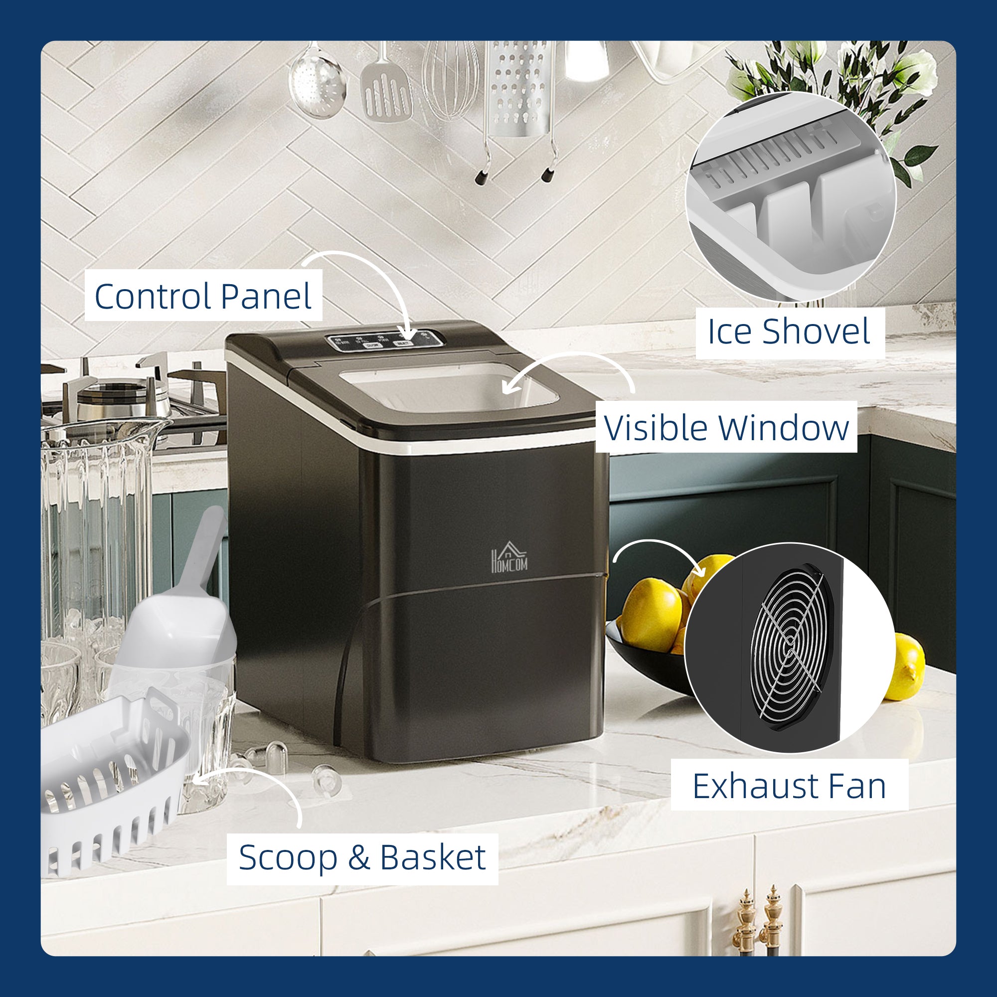 HOMCOM Portable Ice Maker Countertop, Bullet Ice Cube Machine, 9 Ice Cubes per 8 Minutes, Automatic Cleaning, Visible Window Scoop and Basket for Kitchen, Office, Bar, Black - North Peak Garden Furniture