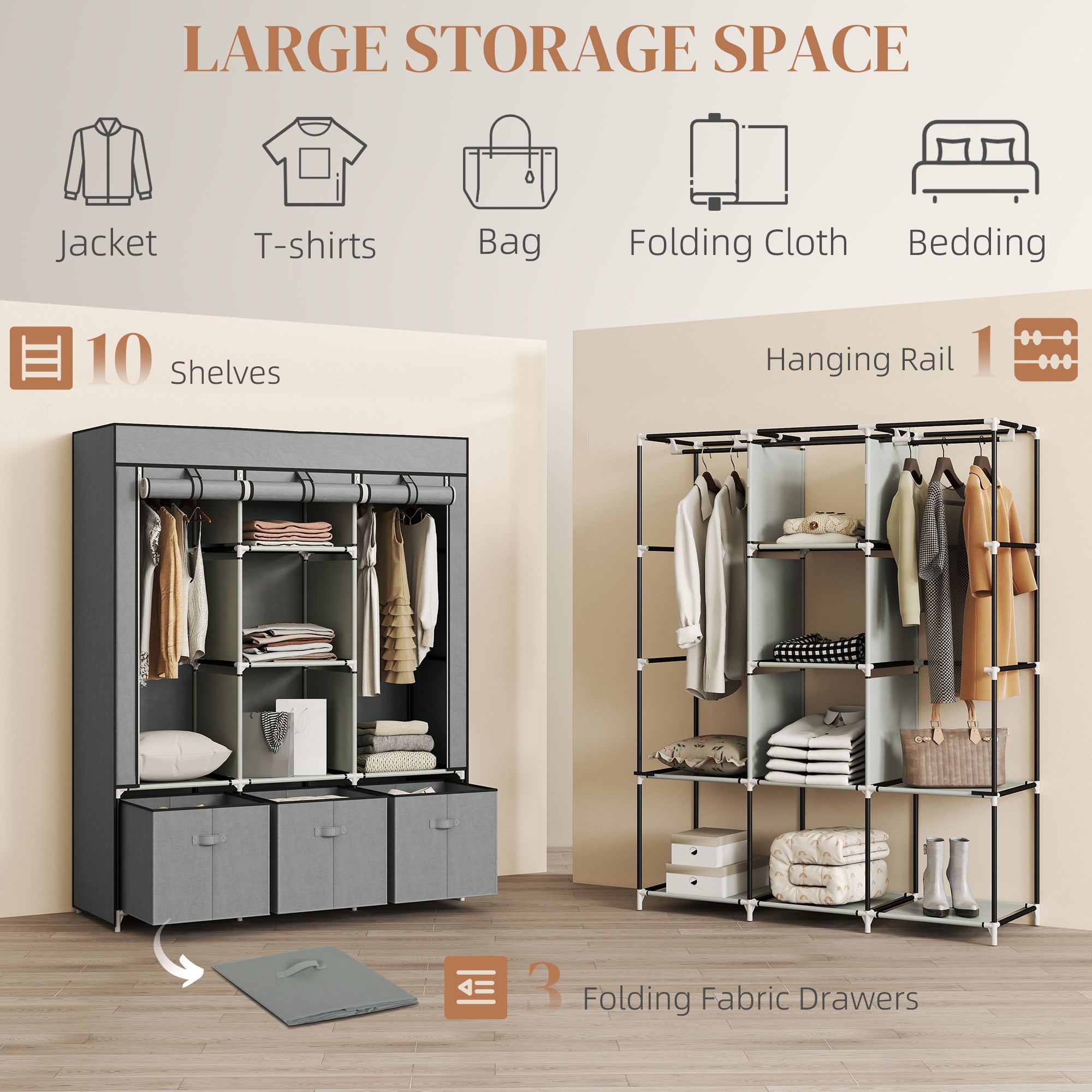 HOMCOM Fabric Wardrobe for Bedroom, Portable Wardrobe with 5 Shelves, 2 Hanging Rails and 3 Fabric Drawers, Foldable Closet, 125 x 43 x 162.5cm, Light Grey - North Peak Garden Furniture