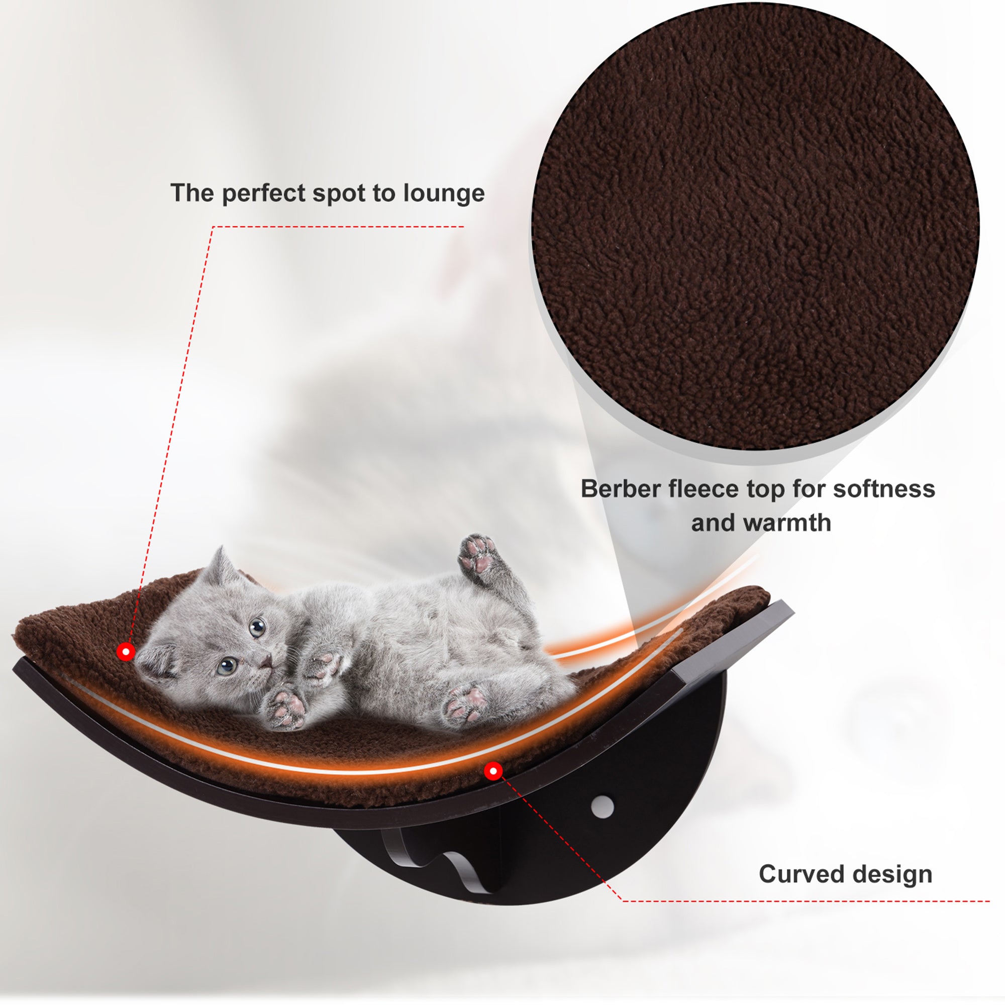 PawHut Cat Shelf Bed, Wall-Mounted, MDF with Soft Fleece Cushion, Space-Saving, Brown