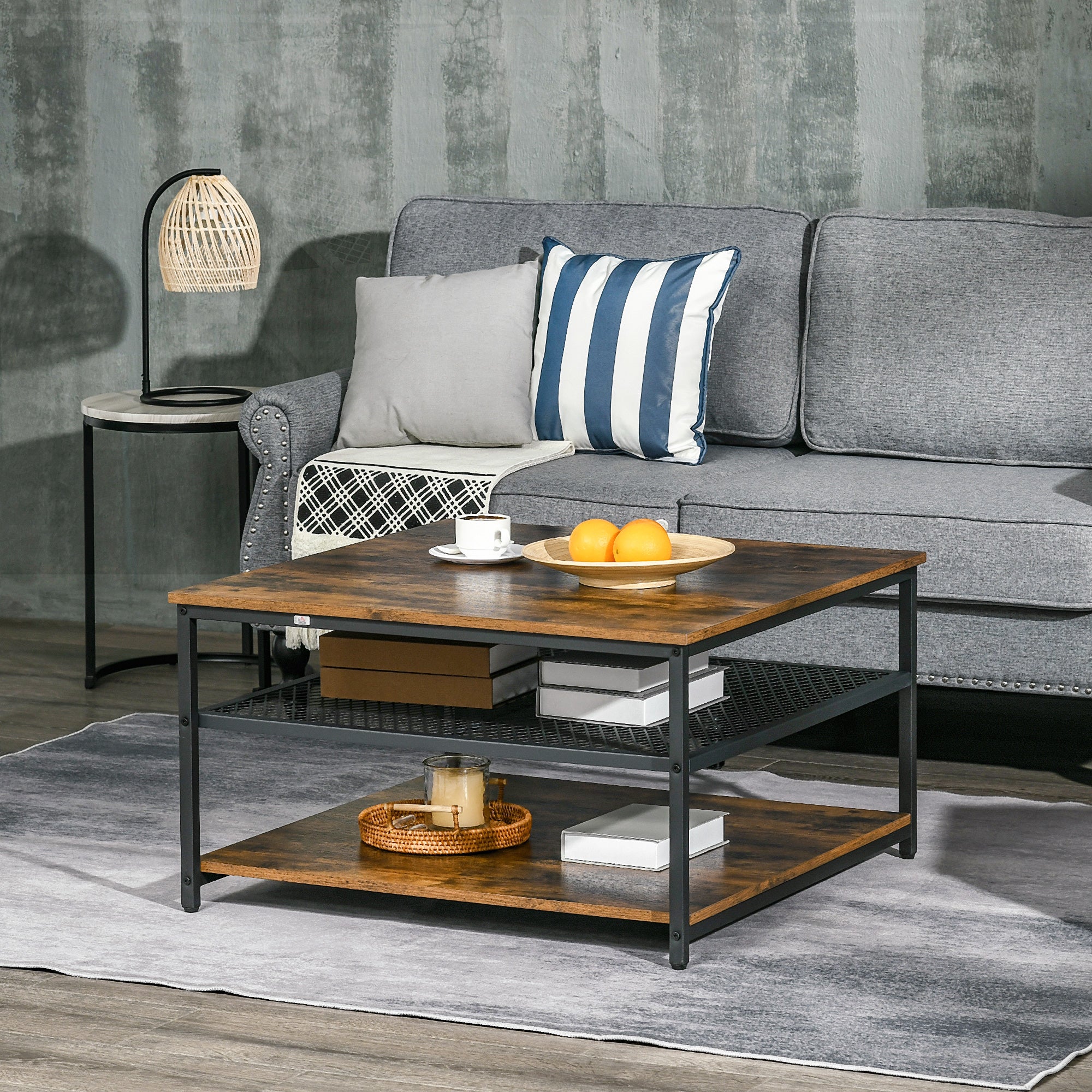 HOMCOM Coffee Table, Living Room Table with 3-Tier Storage Shelves, Square Tea Table for Home Office, Rustic Brown - North Peak Garden Furniture