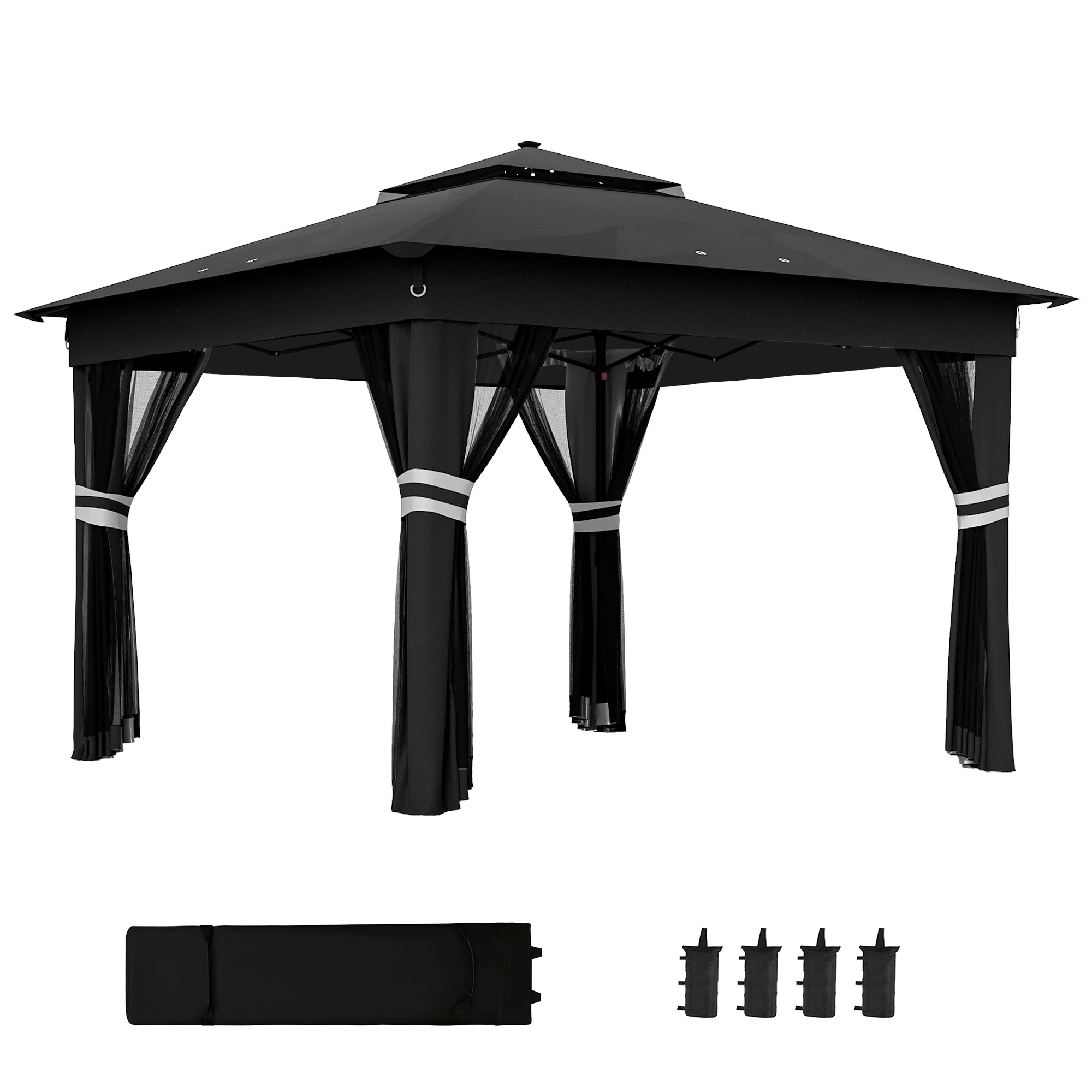 Outsunny 3 x 3(m) Pop Up Gazebo Party Tent with Solar-Powered LED Lights, Adjustable Event Shelter with Netting, Black - North Peak Garden Furniture