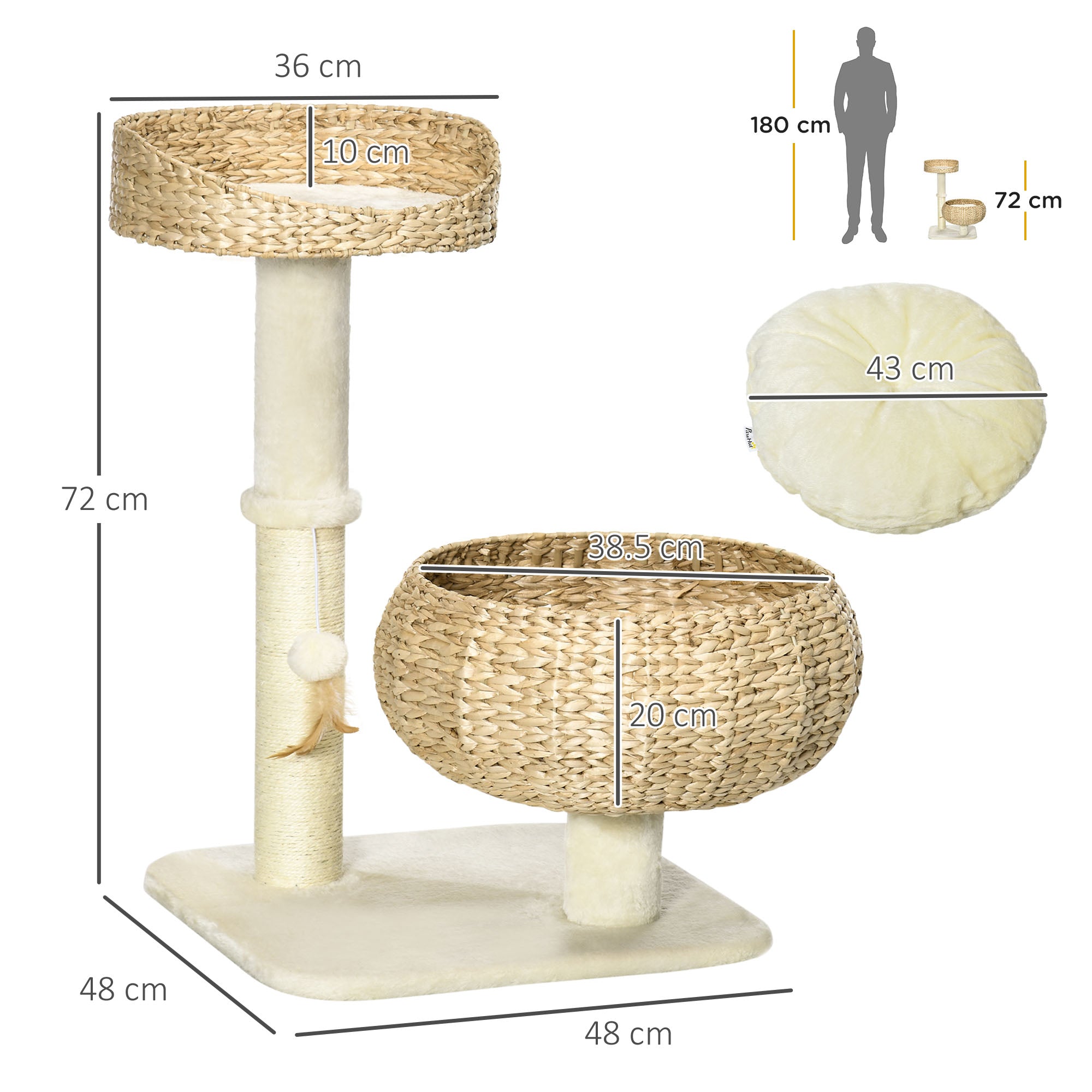 PawHut 72cm Cat Tree Kitten Tower, with Sisal Scratching Post, Two Beds, Toy Ball