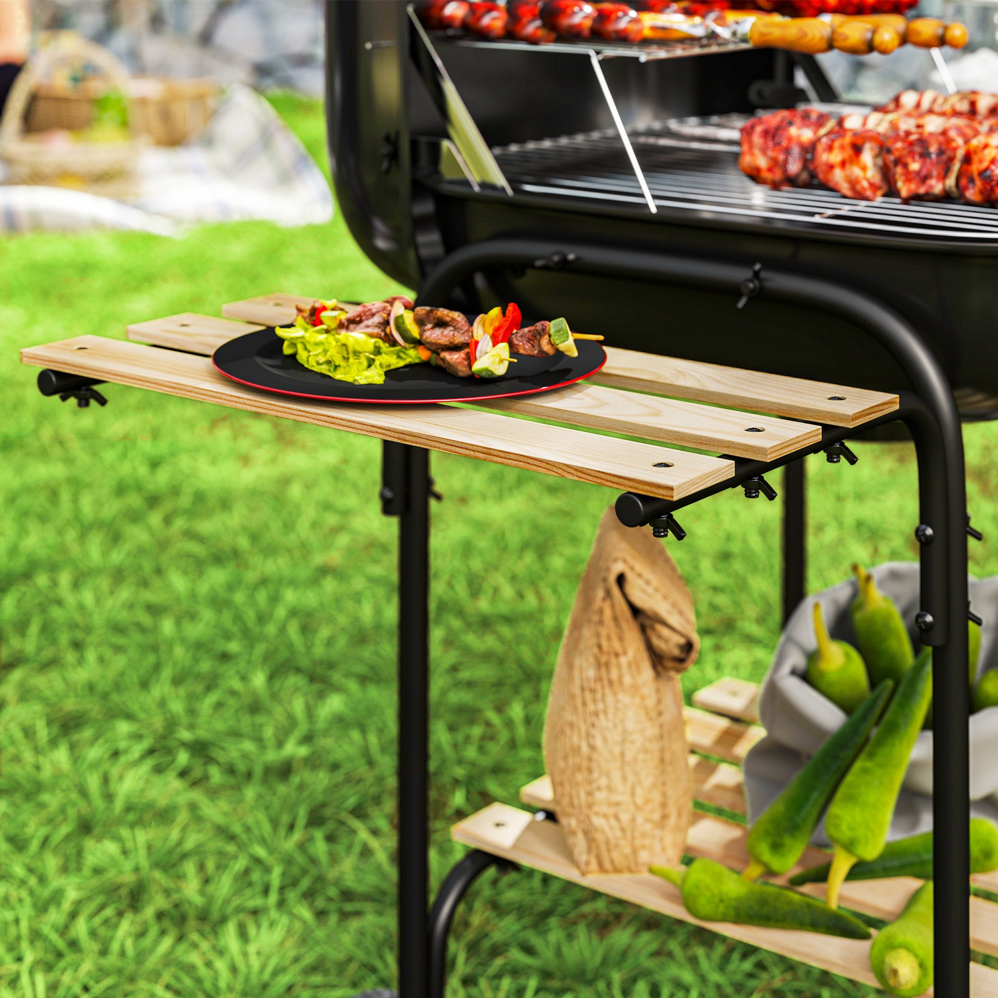 Outsunny Charcoal Barbecue Grill Portable BBQ Grill with 1840 cm² Cooking Area, 3 Shelves, Adjustable Vent, Lockable Lid, Wheels for Outdoor Cooking, Garden Party, Black - North Peak Garden Furniture