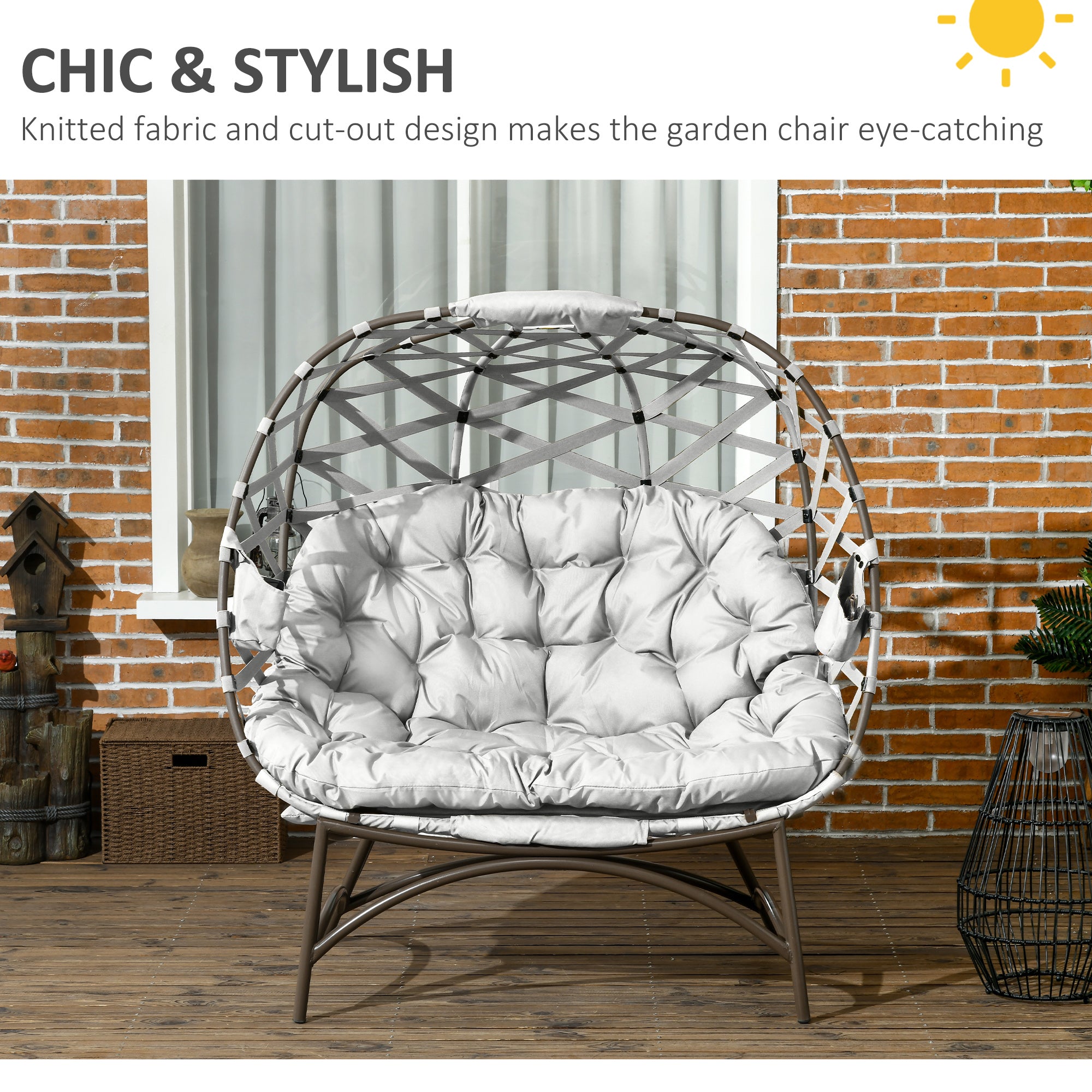 Outsunny 2 Seater Egg Chair Outdoor, Folding Weave Garden Furniture Chair with Cushion, Cup Pockets - Light Grey - North Peak Garden Furniture