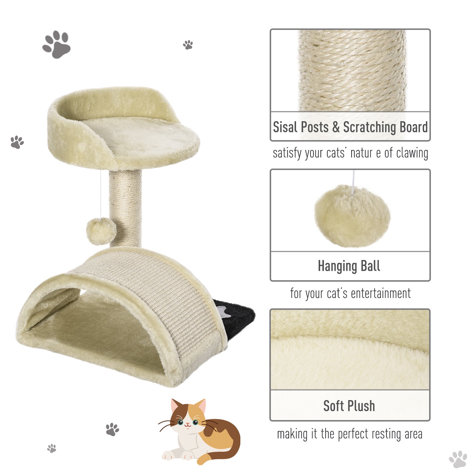 PawHut Cat Scratching Tree, Post with Activity Centre, Climber, Hanging Ball, Plush Cover, Beige