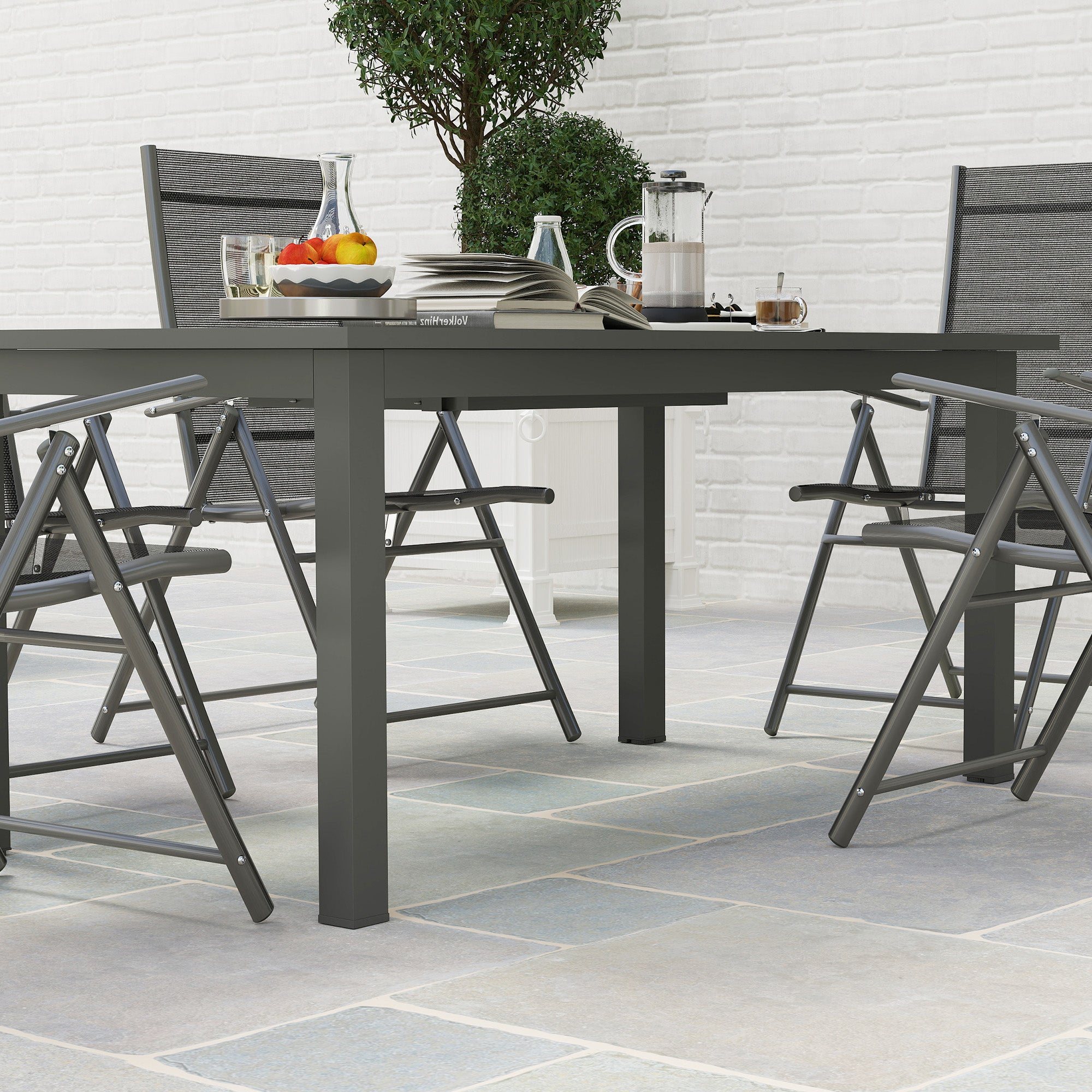 Outsunny Aluminium Extending Garden Table with Slatted Top for 6-8 Person, 160/220 x 90 x 73 cm, Grey - North Peak Garden Furniture